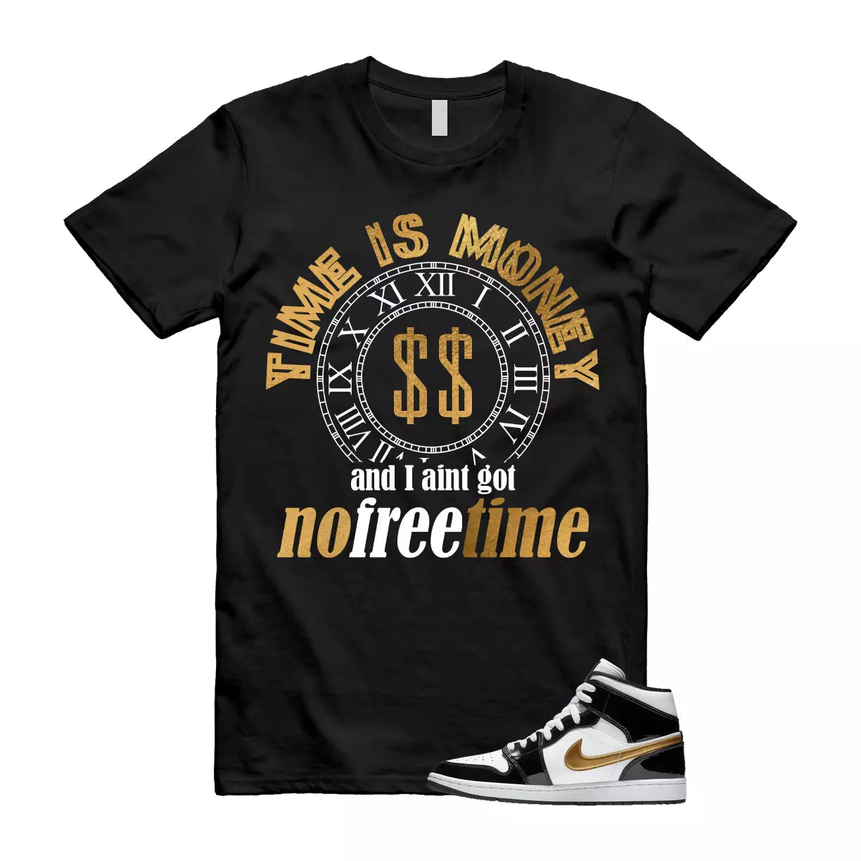 Metallic Gold Patent Black White Air 1 Mid T Shirt Match FREE TIME T-Shirt, Sneaker Match Tee
