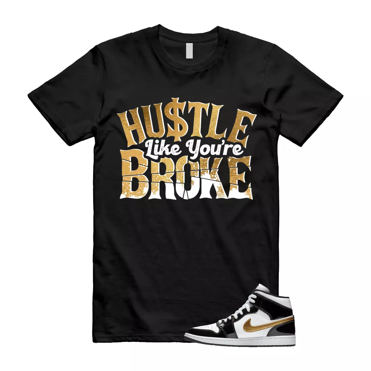 Metallic Gold Patent Black White Air 1 Mid T Shirt Match BROKE T-Shirt, Sneaker Match Tee