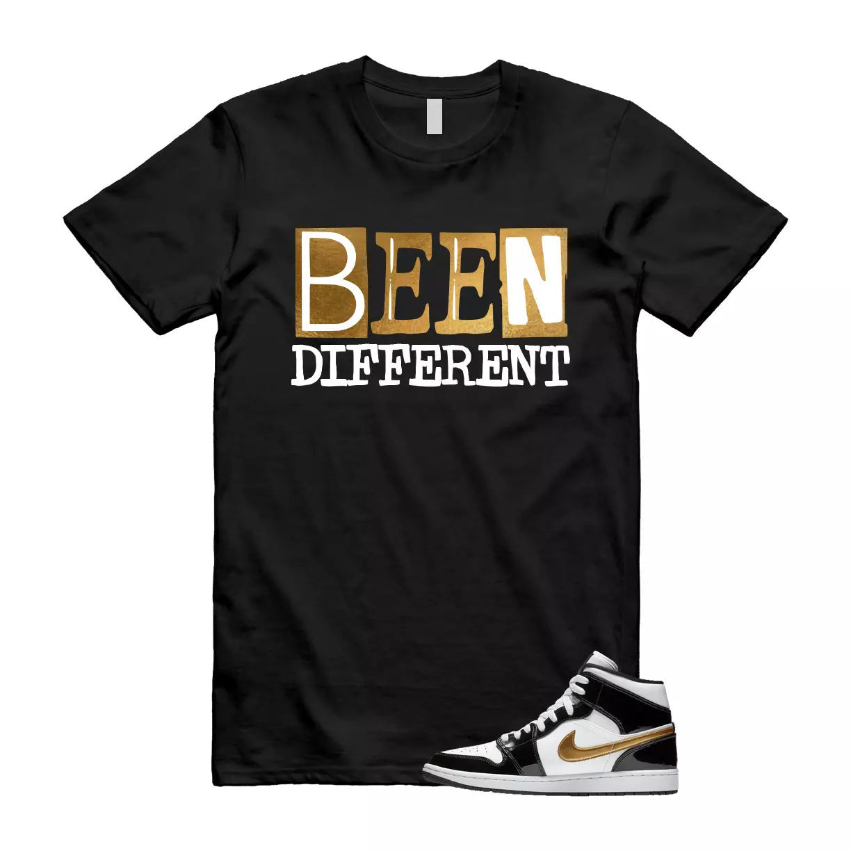 Metallic Gold Patent Black White Air 1 Mid T Shirt Match BEEN T-Shirt, Sneaker Match Tee