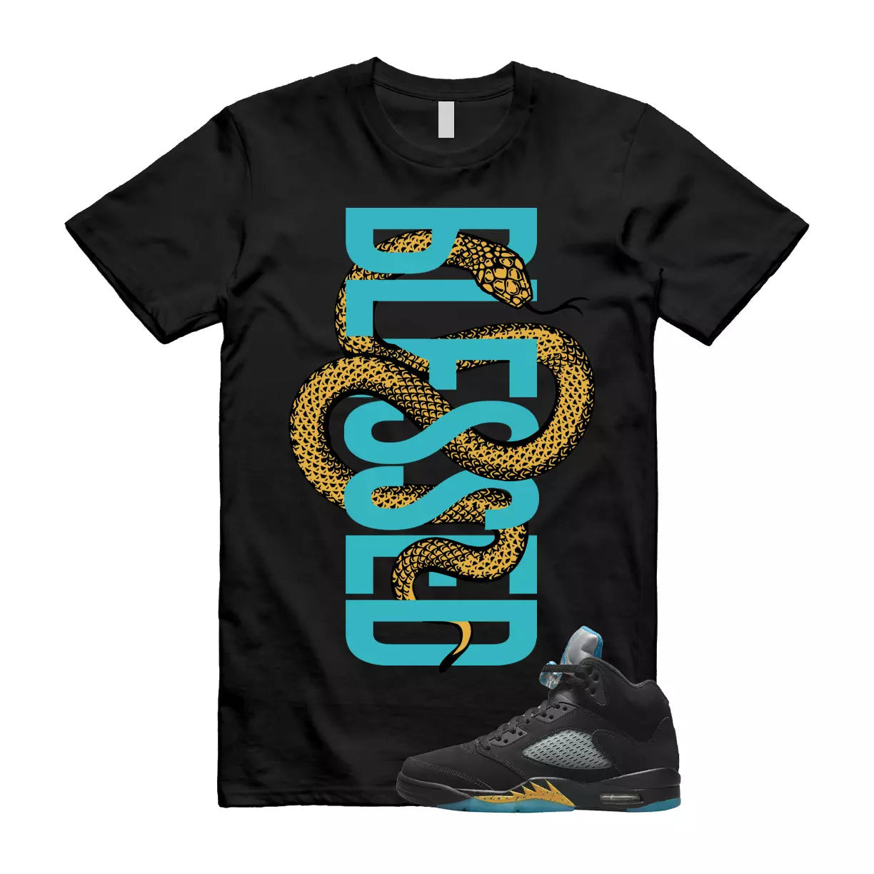 SNAKEB Shirt to match Air Jordan 5 Aqua Retro Taxi Black Aquatone Hornets Yellow T-Shirt, Sneaker Match Tee