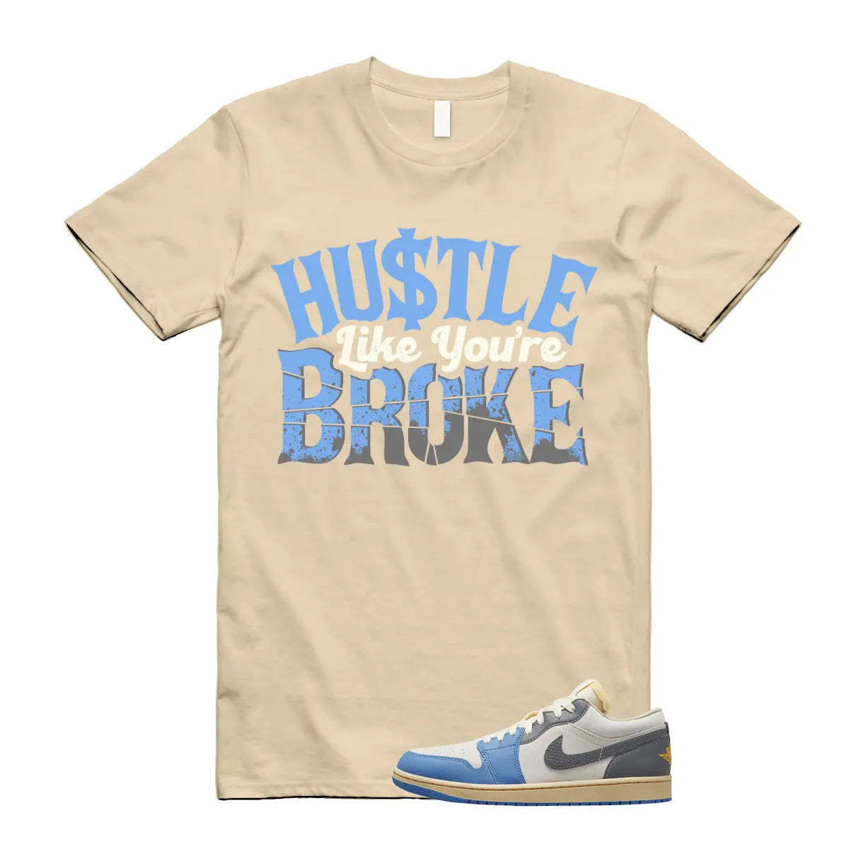 BROKE Shirt to match Air Jordan1 Low SE Tokyo Vintage Dutch Blue Smoke Grey Sail T-Shirt, Sneaker Match Tee
