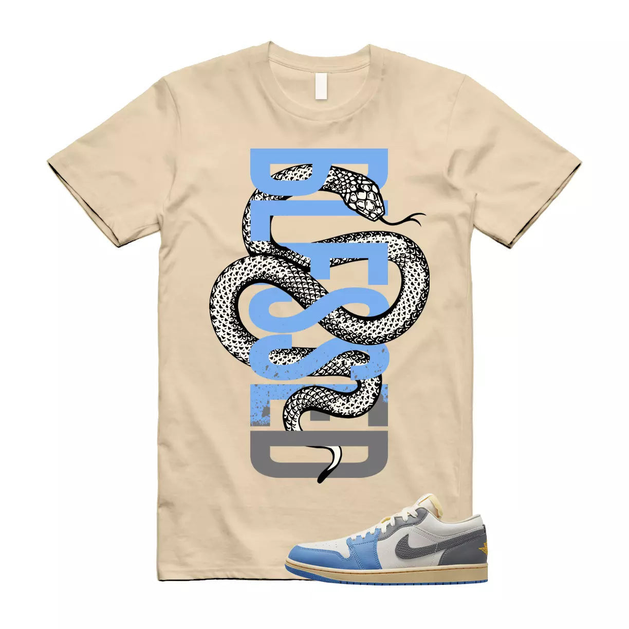 SNAKE Shirt to match Air Jordan1 Low SE Tokyo Vintage Dutch Blue Smoke Grey Sail T-Shirt, Sneaker Match Tee