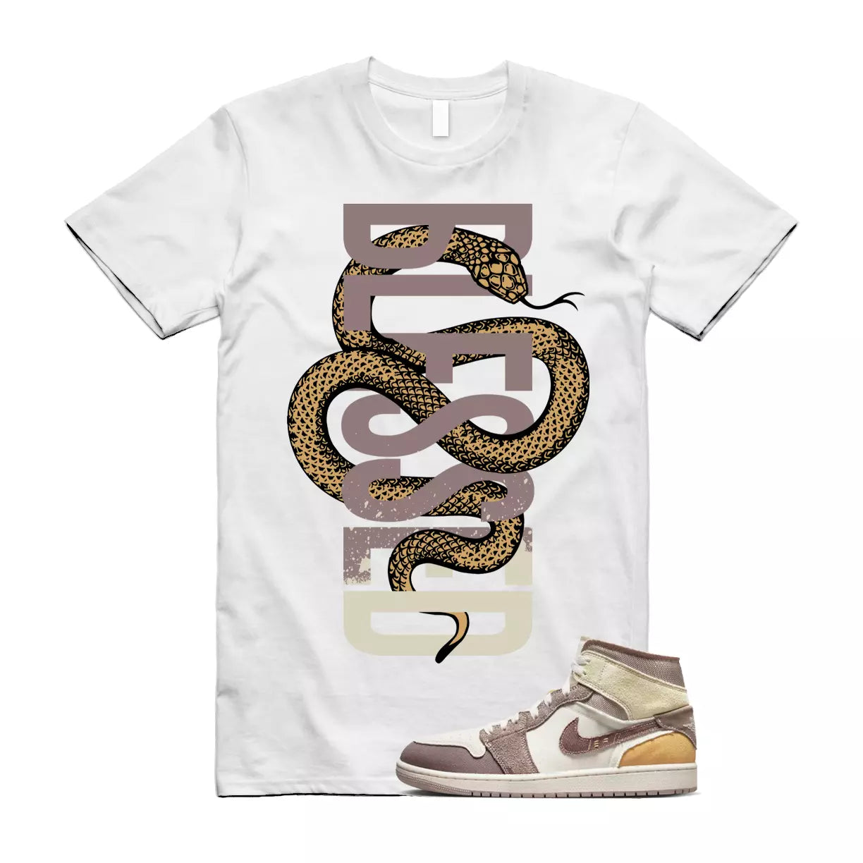 SNAKE T Shirt to match Air Jordan 1 Mid SE Craft Inside Out Taupe Haze Sail Gold T-Shirt, Sneaker Match Tee