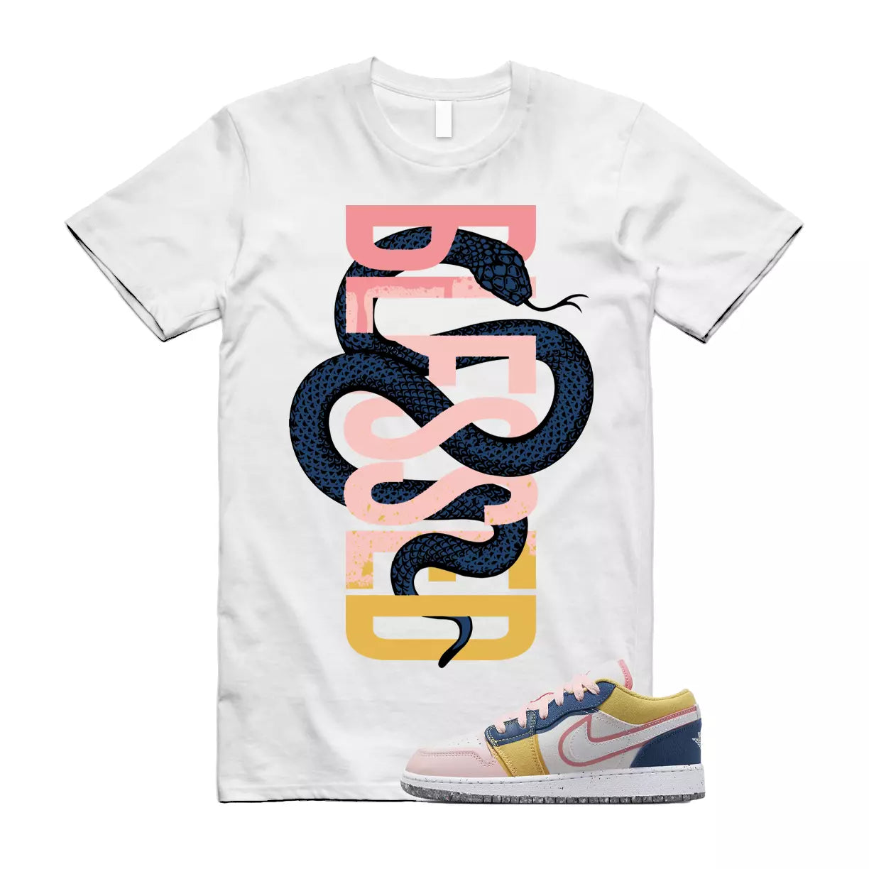 SNAKEB T Shirt to match Air Jordan 1 Low GS Multi Canvas Coral Chalk French Blue T-Shirt, Sneaker Match Tee