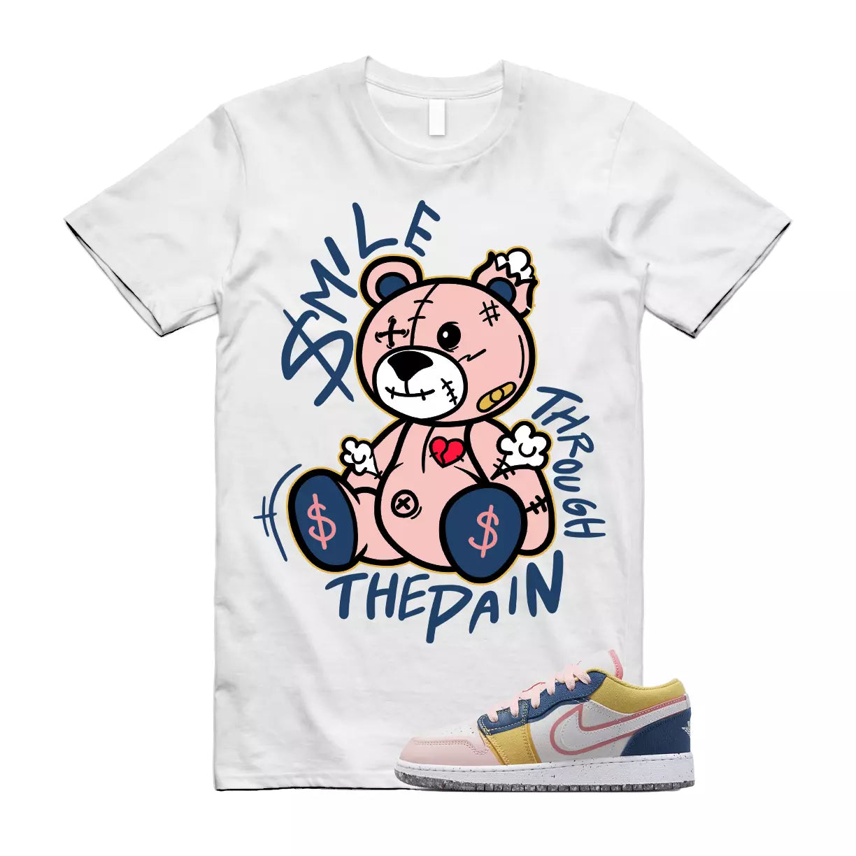 SM2 T Shirt to match Air Jordan 1 Low GS Multi Canvas Coral Chalk French Blue T-Shirt, Sneaker Match Tee