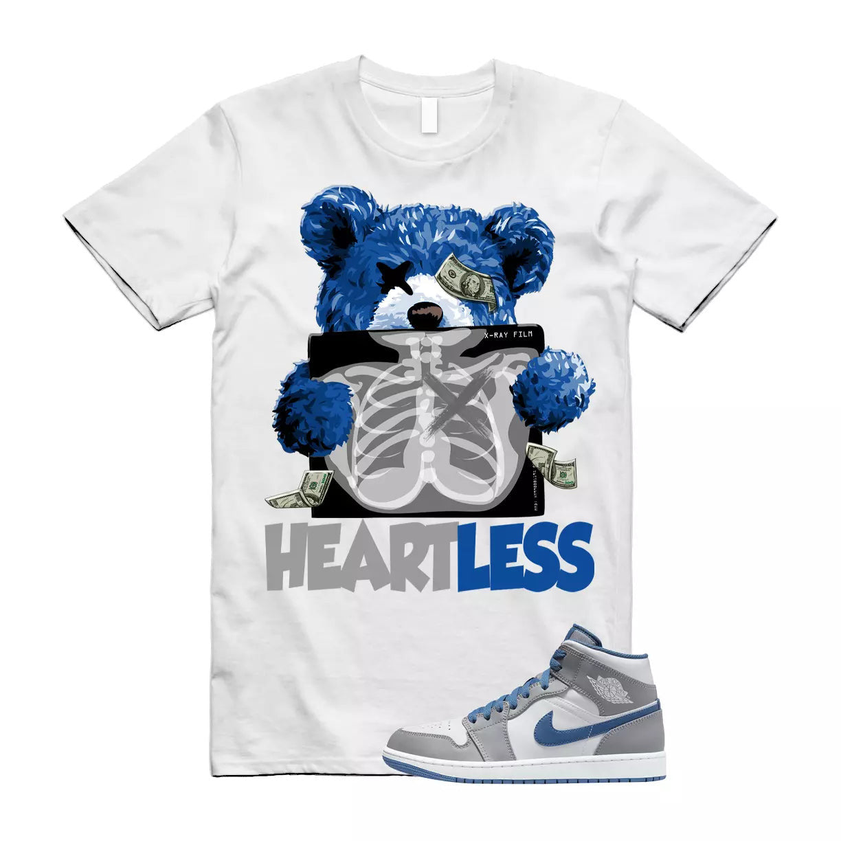 HEART T Shirt to match Air Jordan 1 Mid True Blue Cement Grey White T-Shirt, Sneaker Match Tee