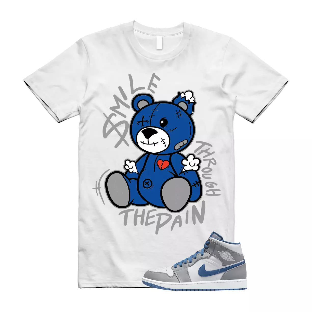SM2 T Shirt to match Air Jordan 1 Mid True Blue Cement Grey White T-Shirt, Sneaker Match Tee