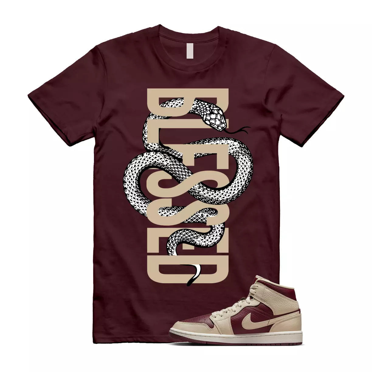 SNAKEBLS T Shirt to match Air Jordan 1 Mid WMNS Split Beach Cherrywood Red Sail T-Shirt, Sneaker Match Tee