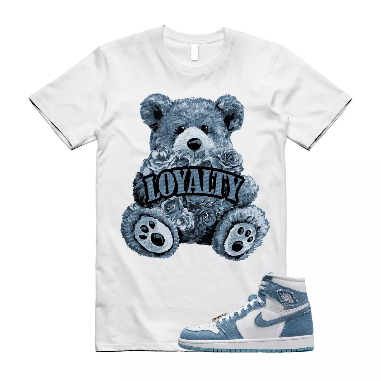 LYLTY T Shirt to match Jordan 1 High OG Denim Worn Blue Metallic Gold Chile Red T-Shirt, Sneaker Match Tee