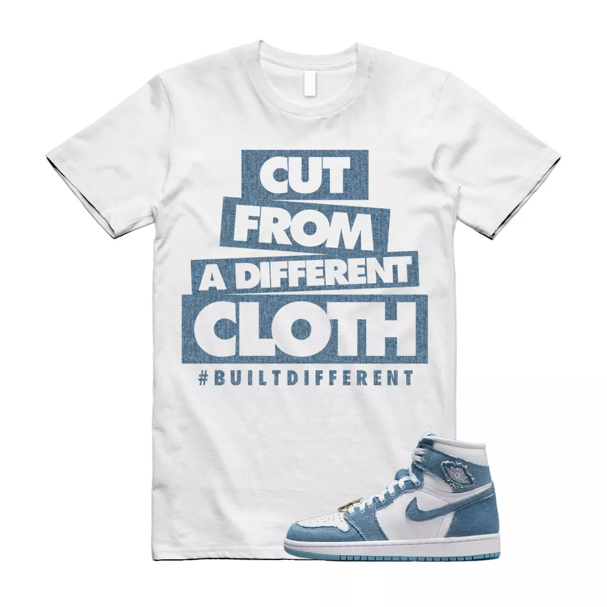 CLOTH T Shirt to match Jordan 1 High OG Denim Worn Blue Metallic Gold Chile Red T-Shirt, Sneaker Match Tee