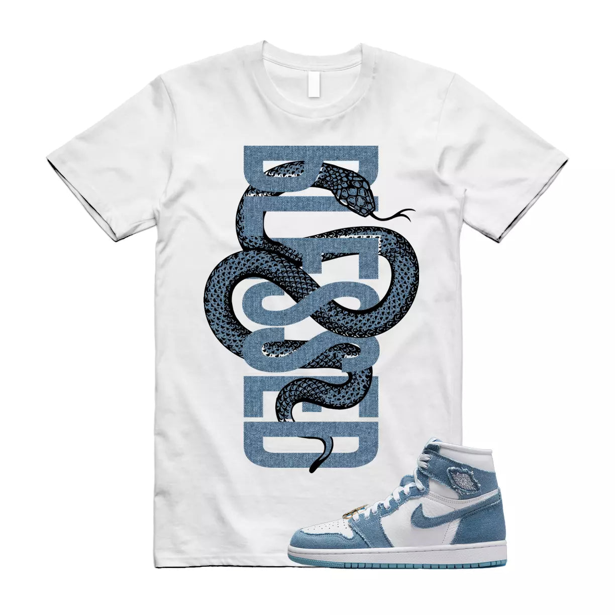 SNAKEB T Shirt to match Jordan 1 High OG Denim Worn Blue Metallic Gold Chile Red T-Shirt, Sneaker Match Tee
