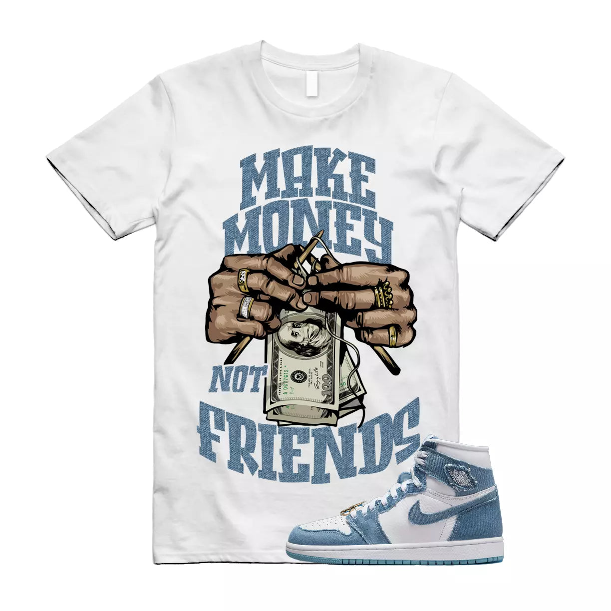 MM T Shirt to match Jordan 1 High OG Denim Worn Blue Metallic Gold Chile Red T-Shirt, Sneaker Match Tee