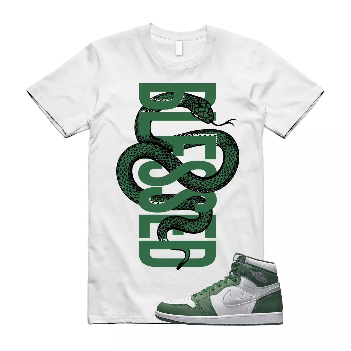 SNAKEB T Shirt to match Jordan 1 Retro High OG Gorge Green Metallic Silver White T-Shirt, Sneaker Match Tee