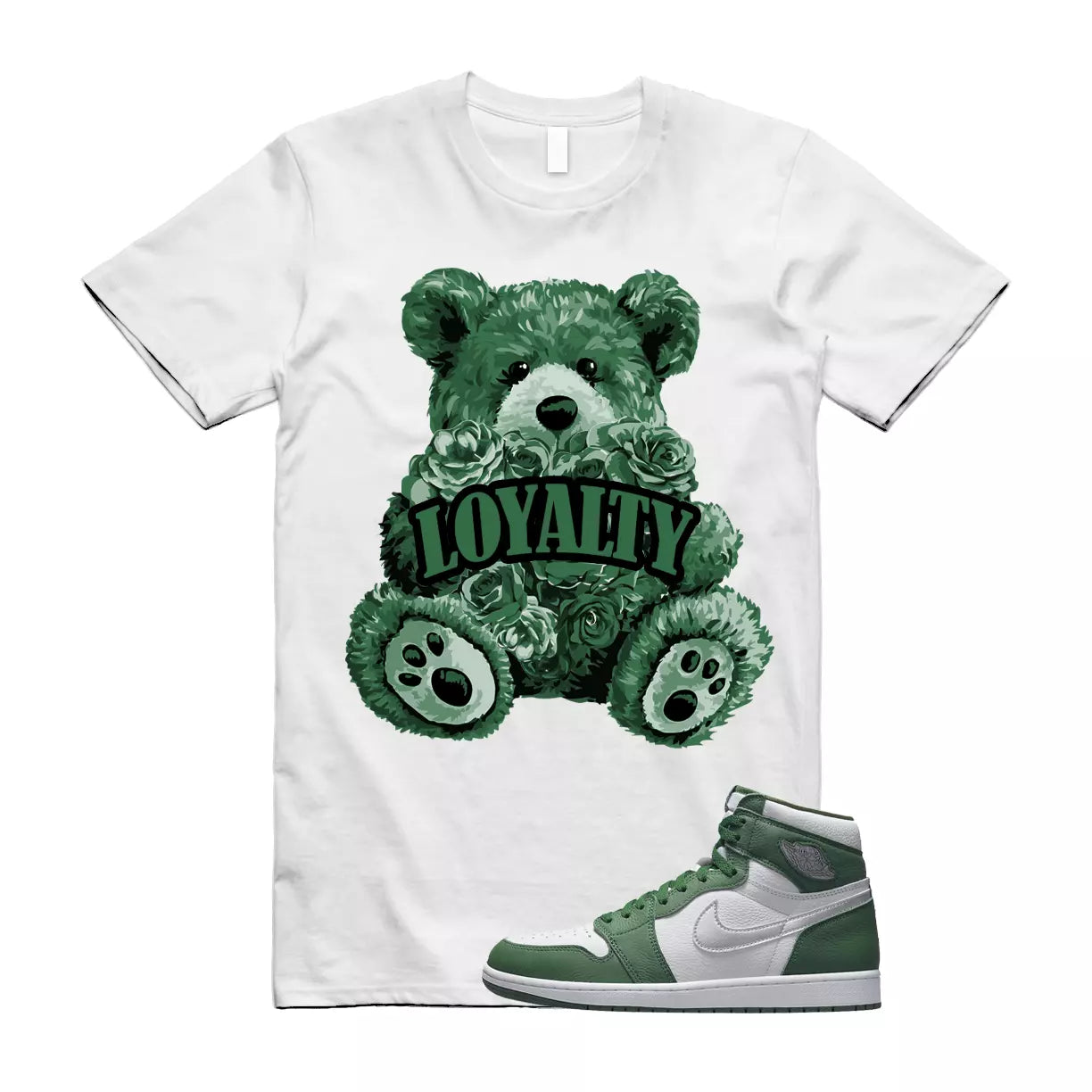 LYLTY T Shirt to match Jordan 1 Retro High OG Gorge Green Metallic Silver White T-Shirt, Sneaker Match Tee