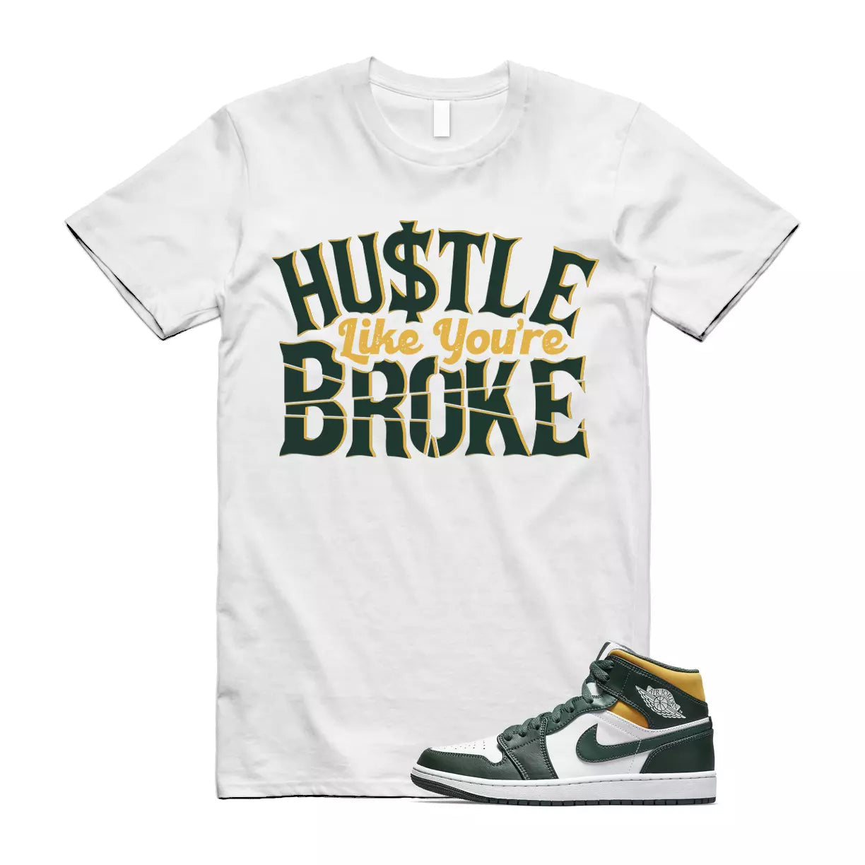 BROKE Shirt to match Jordan 1 Mid Sonic GS Dark Green Yellow Seattle Pine Noble T-Shirt, Sneaker Match Tee