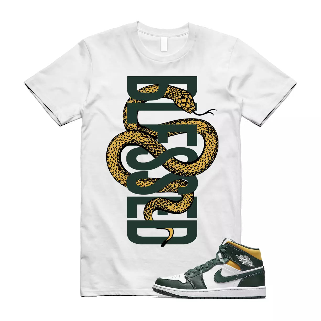 SNAKE Shirt to match Jordan 1 Mid Sonic GS Dark Green Yellow Seattle Pine Noble T-Shirt, Sneaker Match Tee