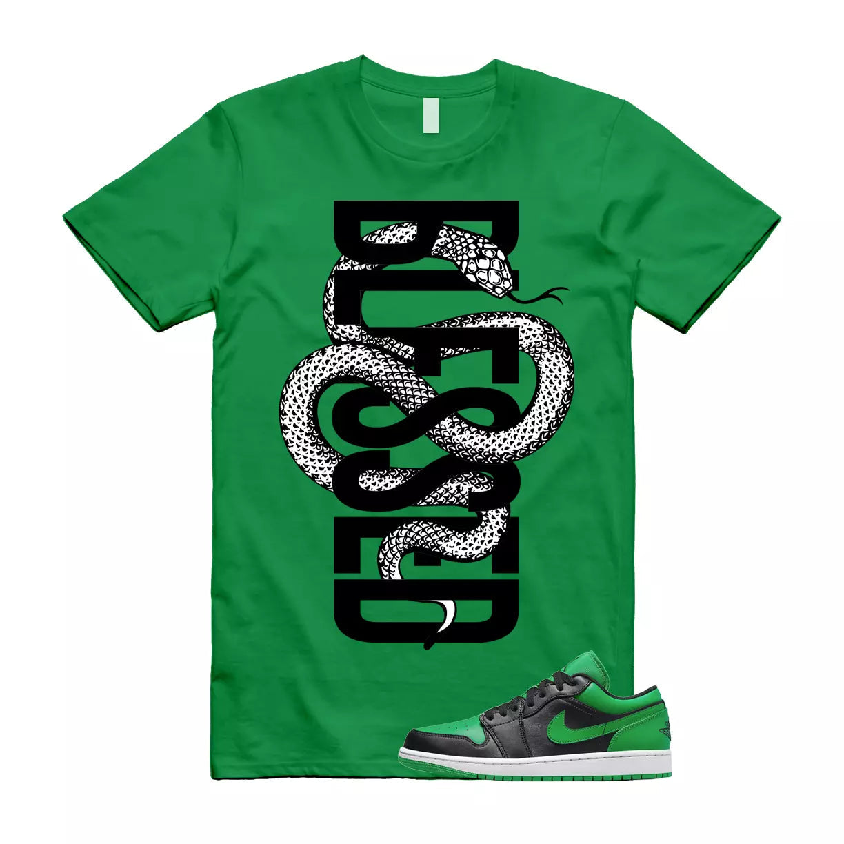SNAKEBLS T Shirt to match Air Jordan 1 Low Lucky Green Black White T-Shirt, Sneaker Match Tee