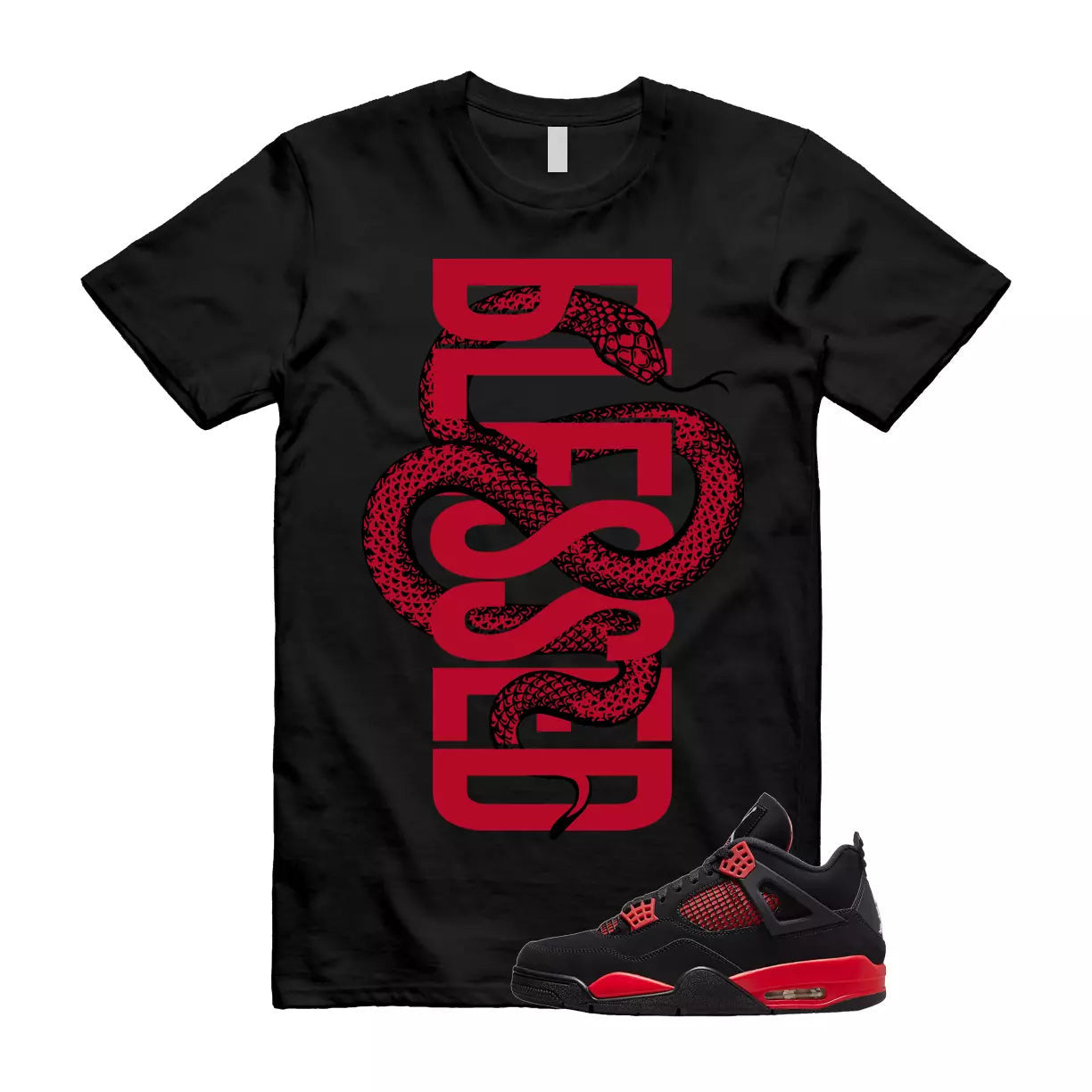 SNAKEB T Shirt to match Air Jordan 4 Red Thunder Black Multi Color Crimson White T-Shirt, Sneaker Match Tee