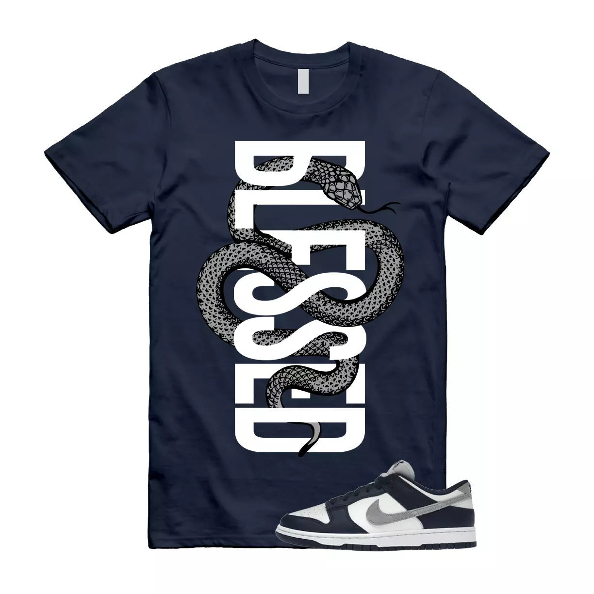 SNAKEBLS T Shirt to match N Dunk Low Midnight Navy Summit White Light Smoke Grey T-Shirt, Sneaker Match Tee