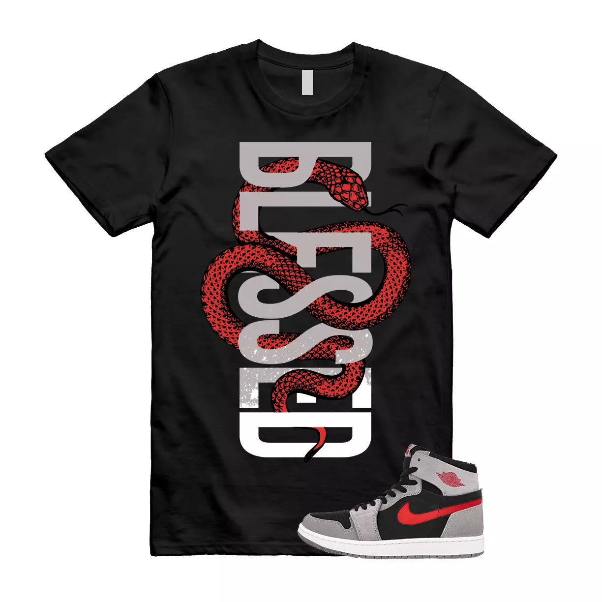 SNAKEBLS T Shirt to match Air Jordan 1 High Zoom Comfort 2 Fire Red Cement Grey T-Shirt, Sneaker Match Tee