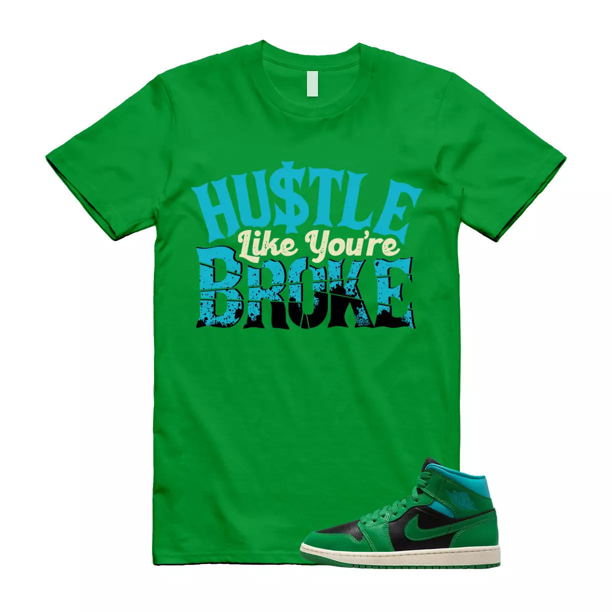 BROKE T Shirt to match Air Jordan 1 Mid WMNS Lucky Green Black Aquatone T-Shirt, Sneaker Match Tee