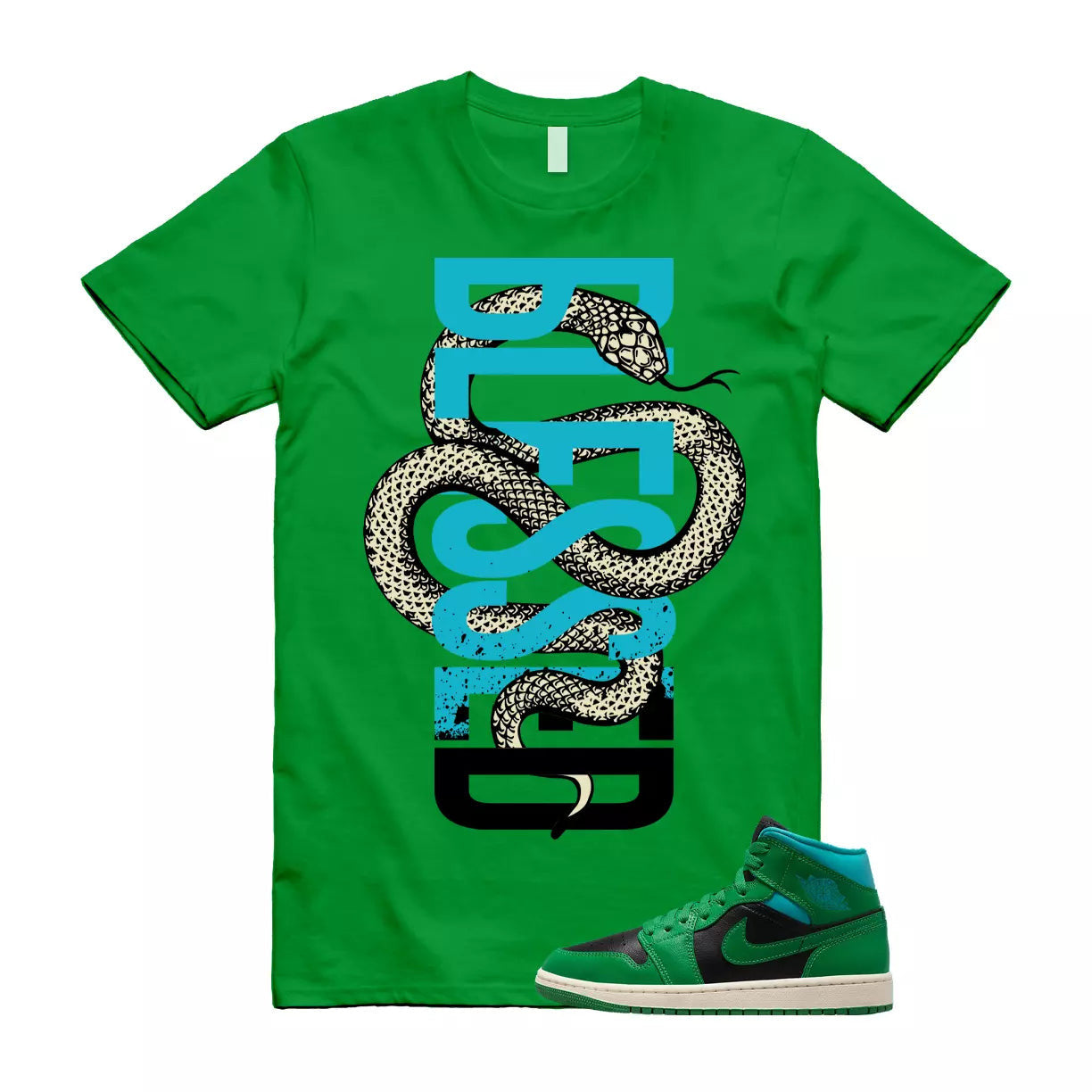 SNAKEBLS T Shirt to match Air Jordan 1 Mid WMNS Lucky Green Black Aquatone T-Shirt, Sneaker Match Tee