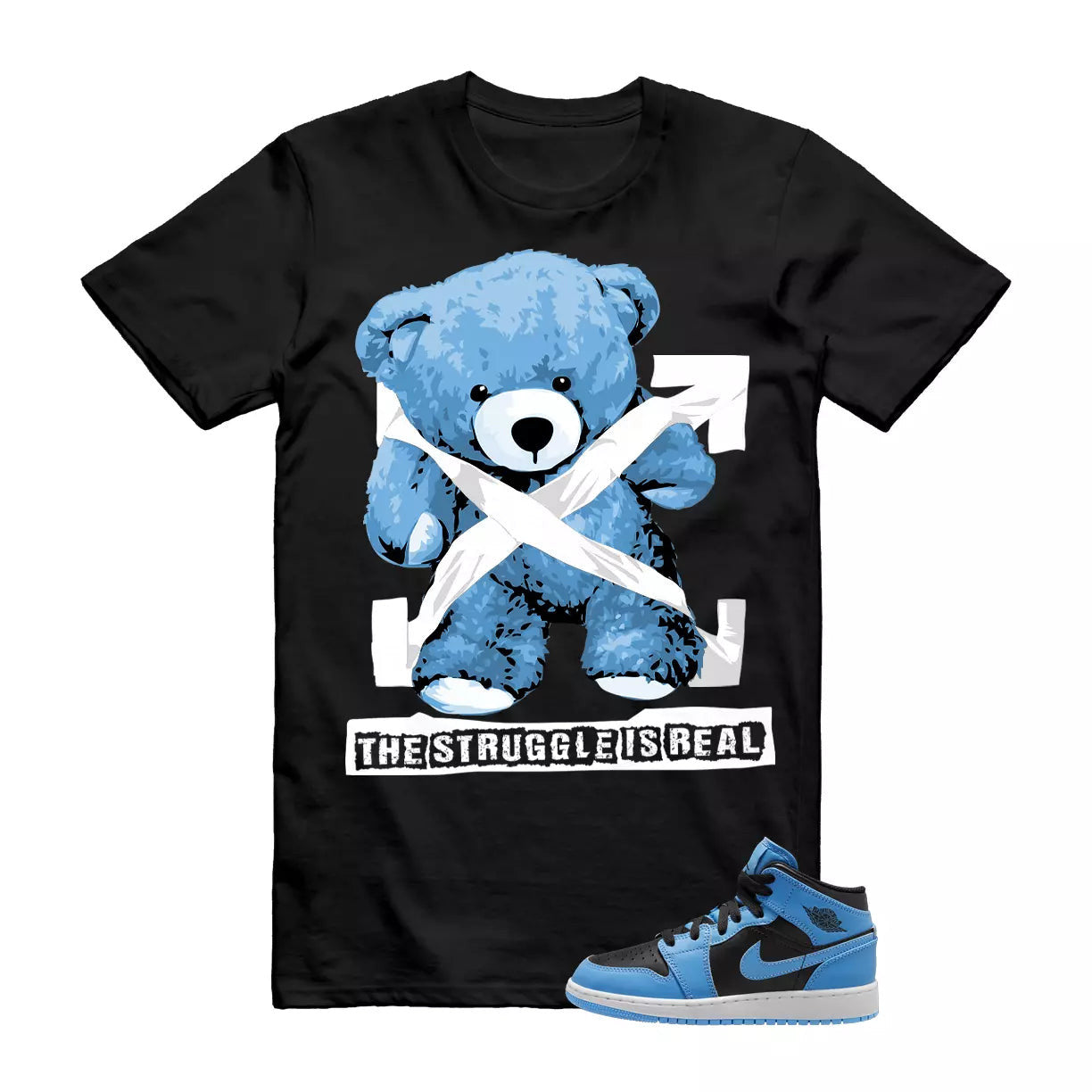 Mid University Blue Air 1 Black White T Shirt Match STRUG T-Shirt, Sneaker Match Tee