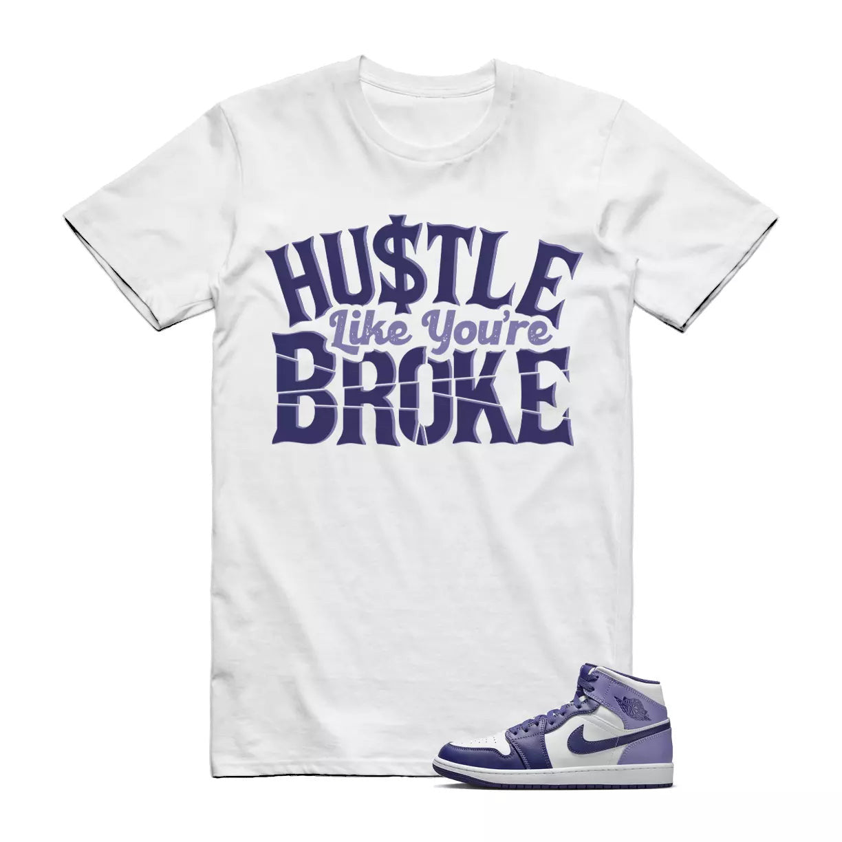 BROKE T Shirt to match Air Jordan 1 Mid Sky J Light Purple Blueberry White T-Shirt, Sneaker Match Tee