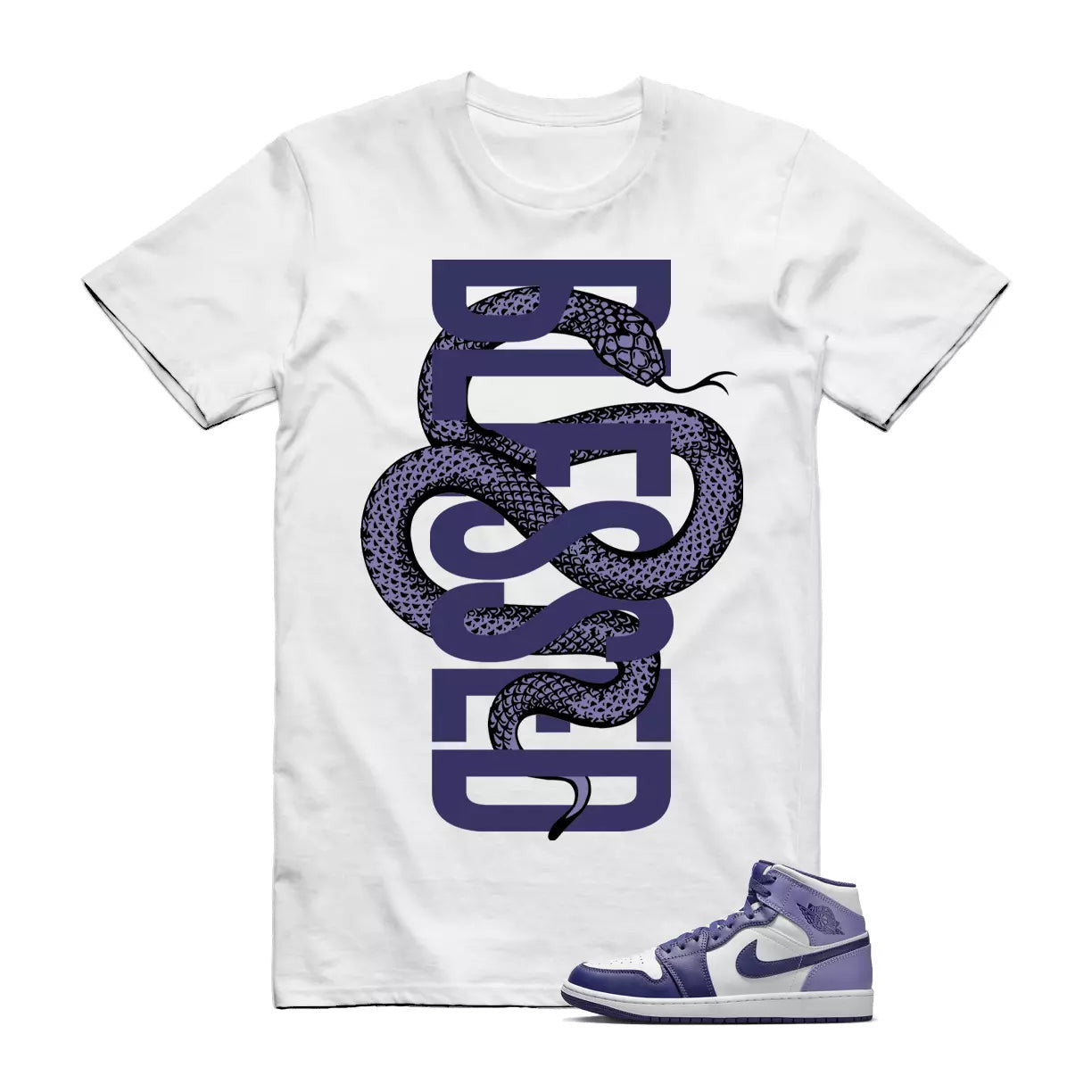 SNAKEBLS T Shirt to match Air Jordan 1 Mid Sky J Light Purple Blueberry White T-Shirt, Sneaker Match Tee