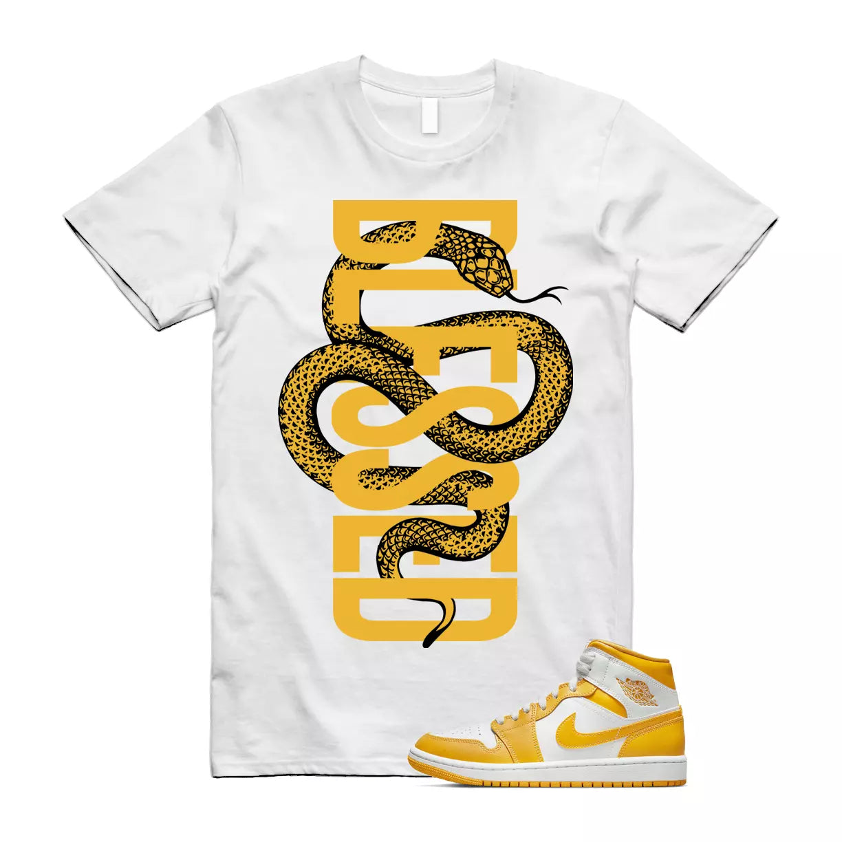 SNAKEBLS T Shirt to match Air Jordan 1 Mid WMNS University Gold White Summer T-Shirt, Sneaker Match Tee