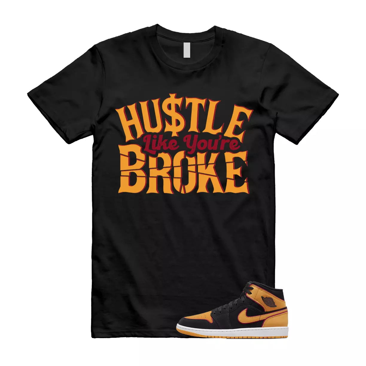 BROKE T Shirt to match 1 Mid Fat Tongue Black Vivid Orange Cardinal Red T-Shirt, Sneaker Match Tee