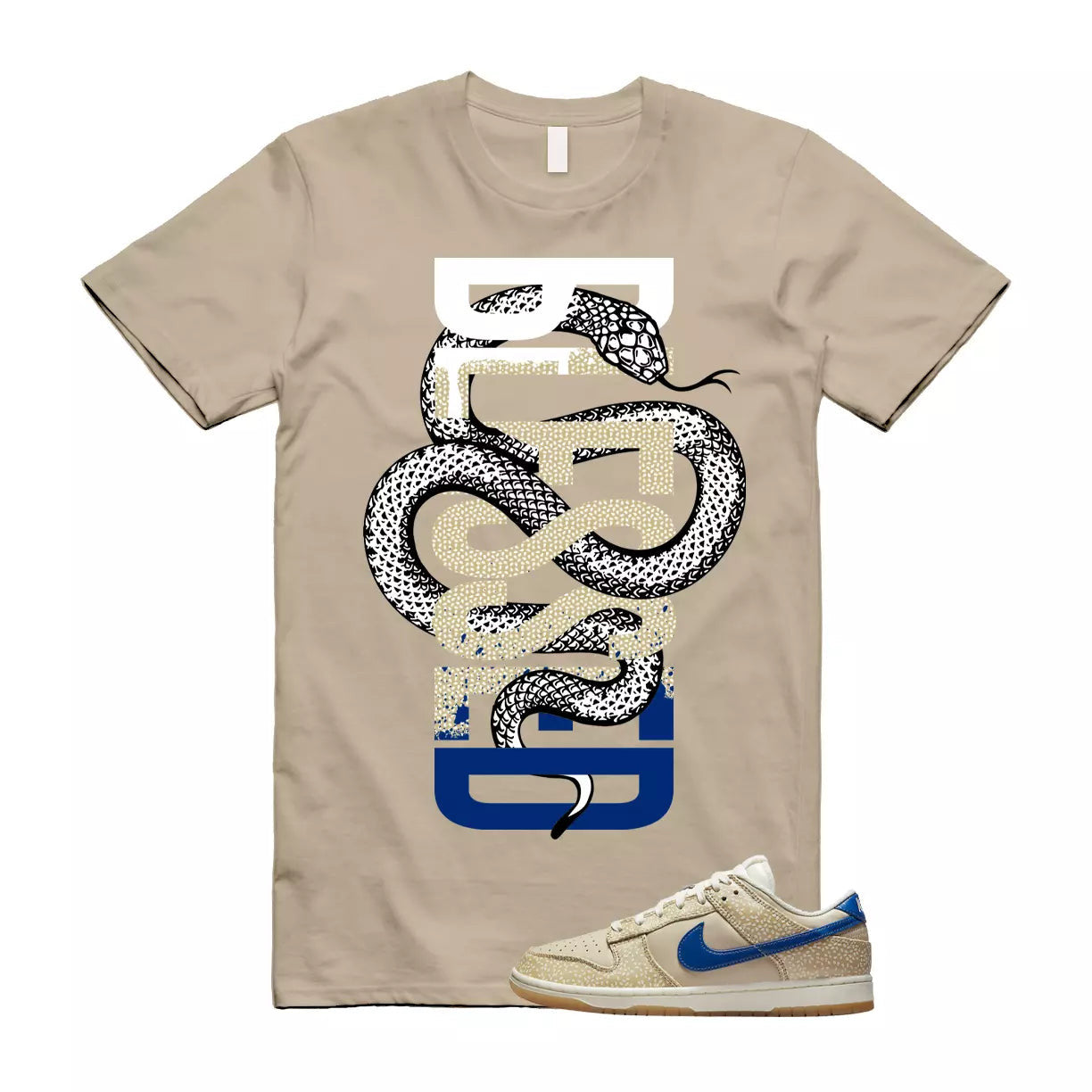 SNAKEBLS T Shirt to match Dunk Low Montreal Bagel Sesame Blue Jay Sand Sail Gold T-Shirt, Sneaker Match Tee