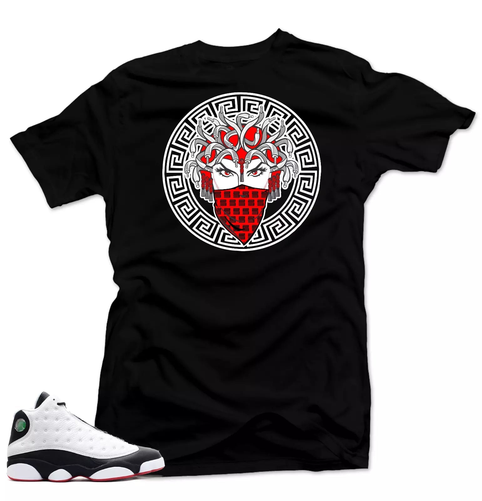 Shirt to Match Jordan 13 He Got Game Sneakers. Medusa Black Tee T-Shirt, Sneaker Match Tee