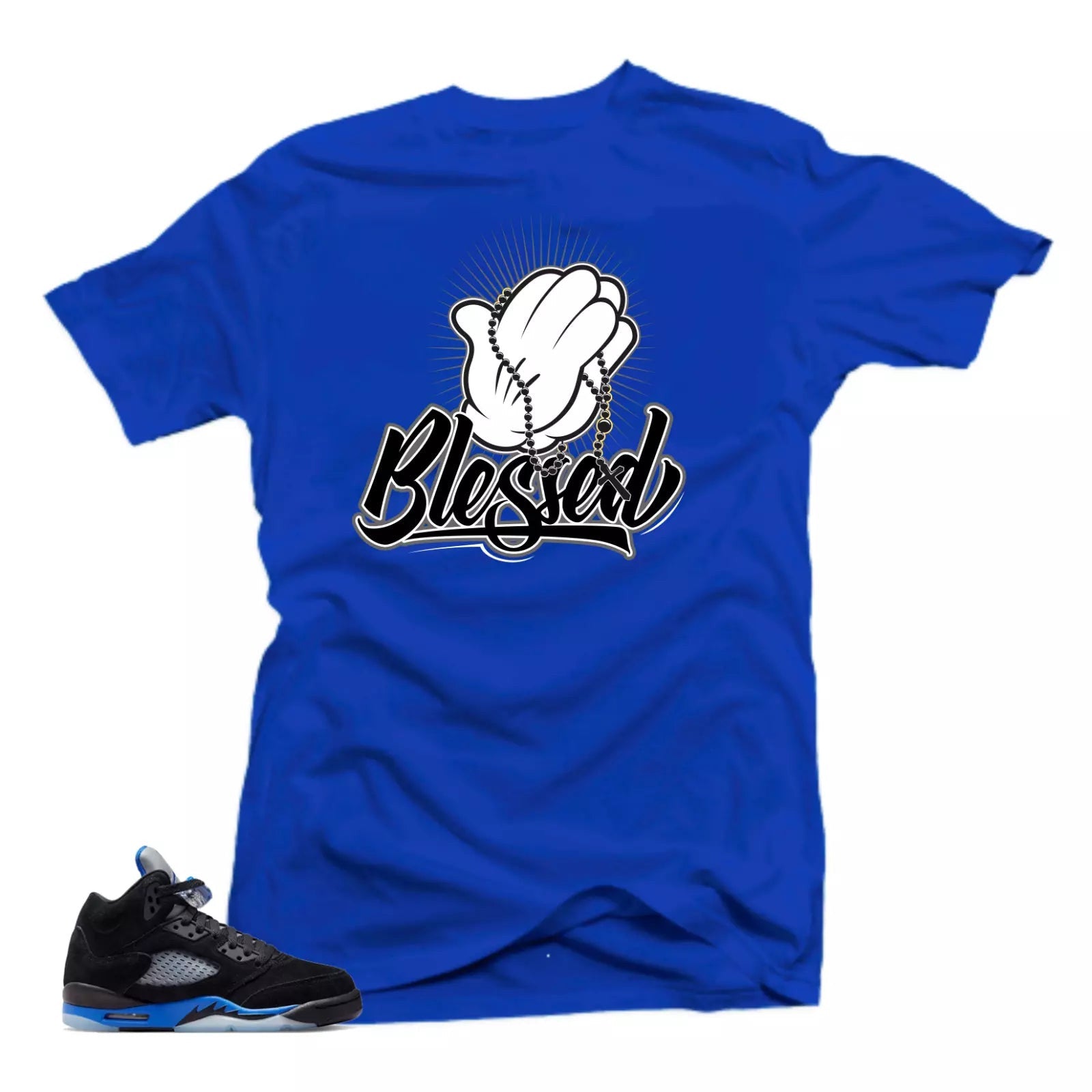 Shirts to Match Jordan 5 Racer Blue Sneakers.Blessed Tees T-Shirt, Sneaker Match Tee