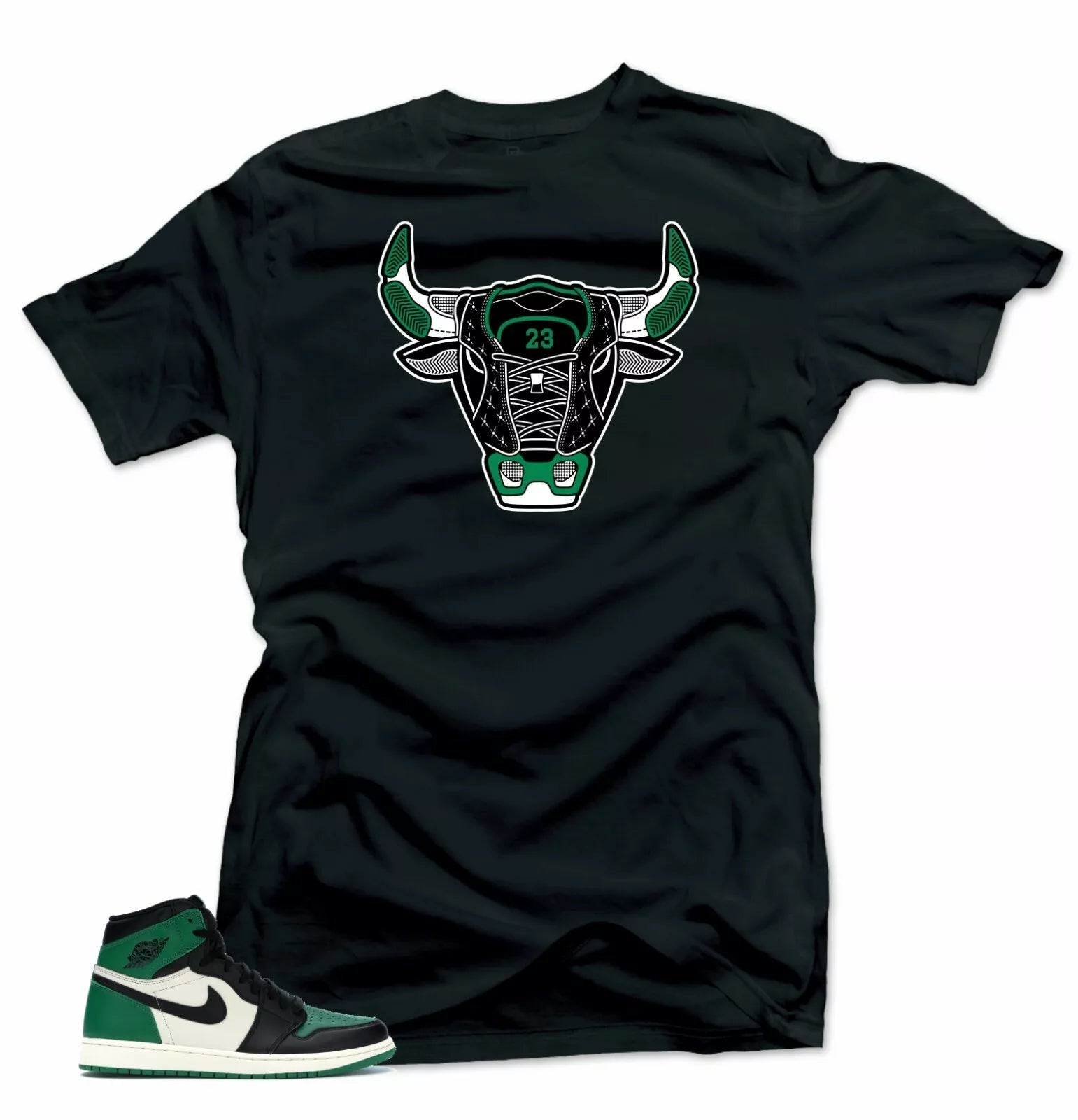 Shirt to Match Jordan Retro 1 Pine Green 2020- Bull 1 Black T-Shirt, Sneaker Match Tee