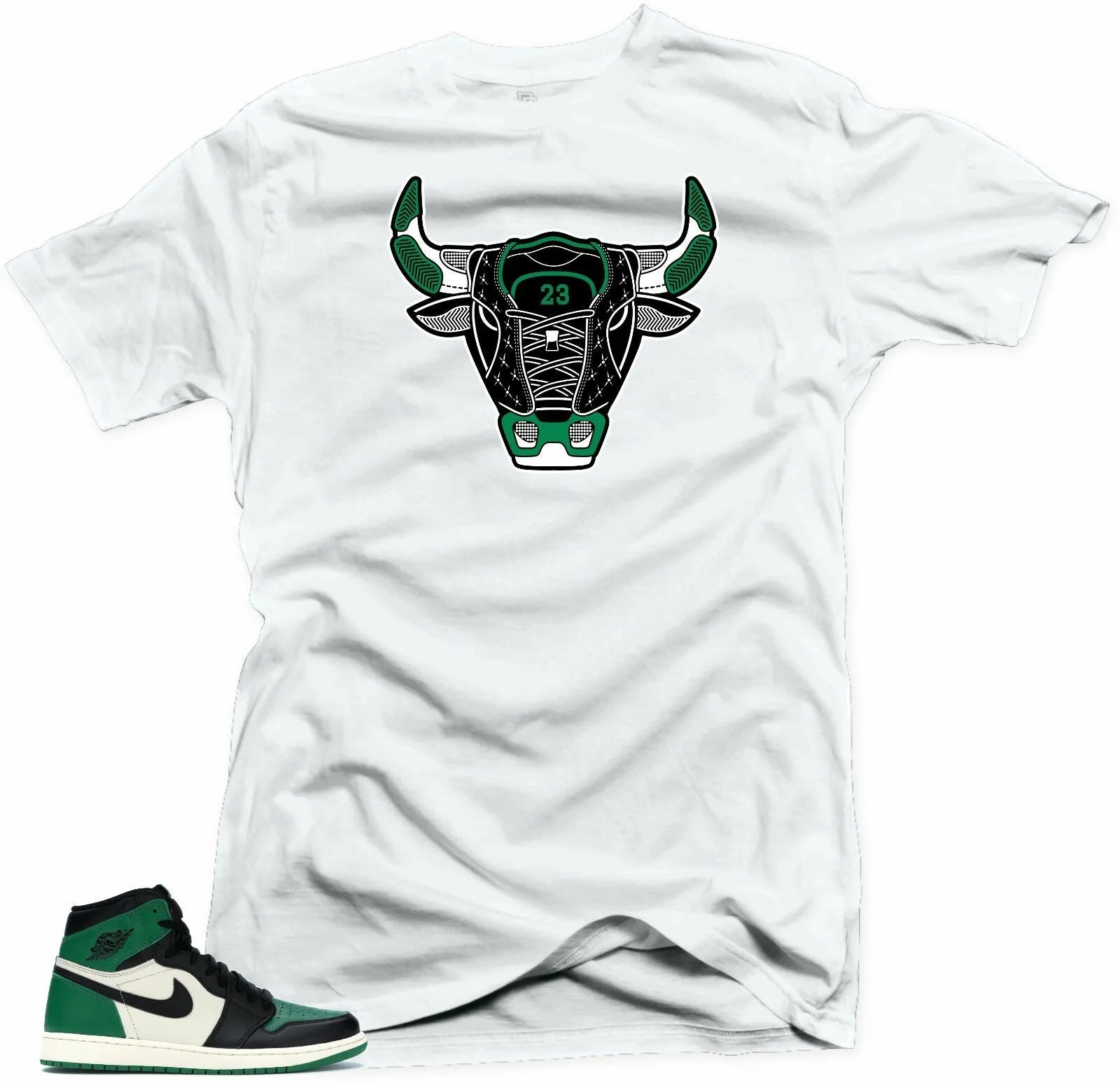 Shirt to Match Jordan Retro 1 Pine Green 2020- Bull 1 White T-Shirt, Sneaker Match Tee