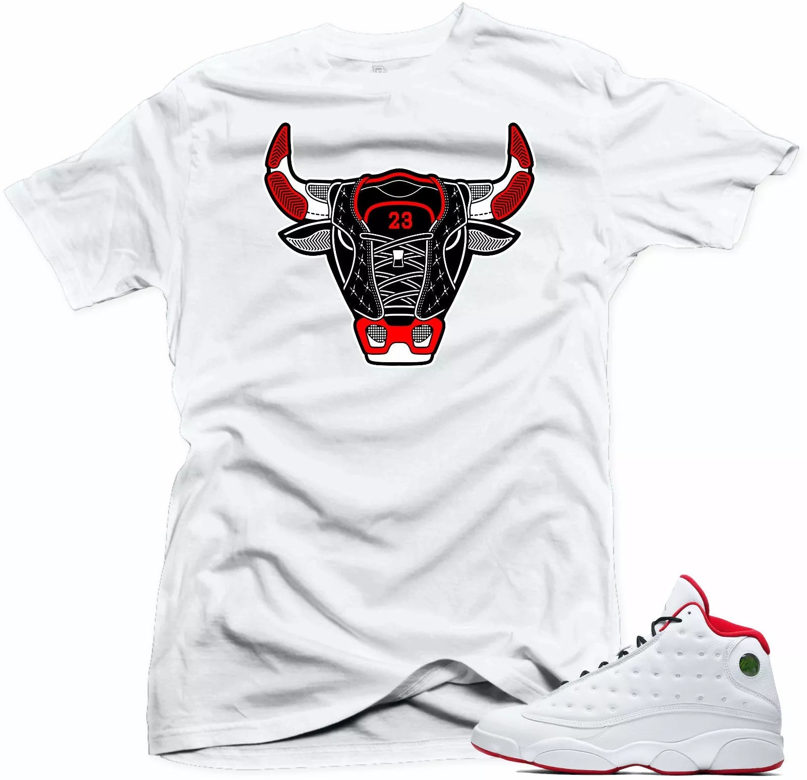 Shirt to match Air Jordan History of Flight Retro 13. Bull 13 White Tee T-Shirt, Sneaker Match Tee