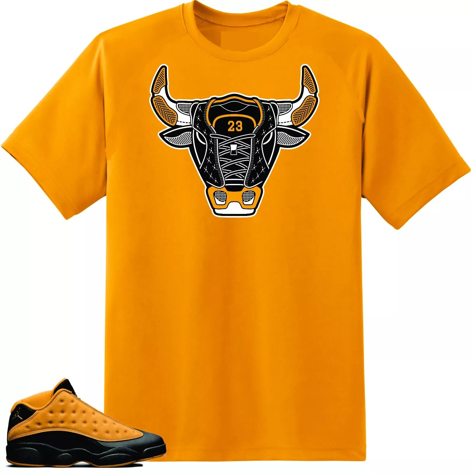 Shirt to match Air Jordan Retro 13 Chutney Sneakers. Bull 13 Gold Tee T-Shirt, Sneaker Match Tee