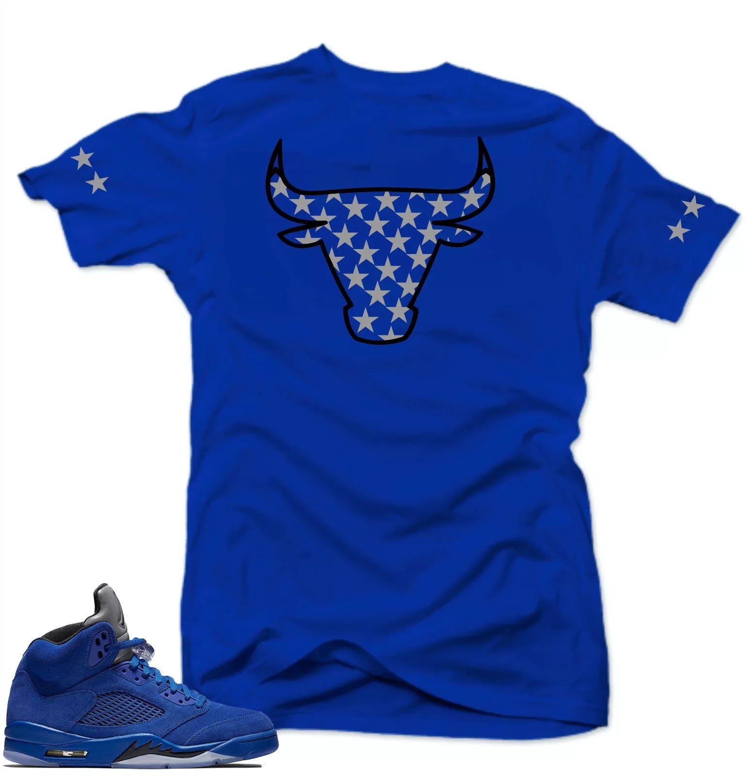 Shirt to match Air Jordan Retro 5 Blue Suede Sneakers.Bull 5 Royal tee T-Shirt, Sneaker Match Tee