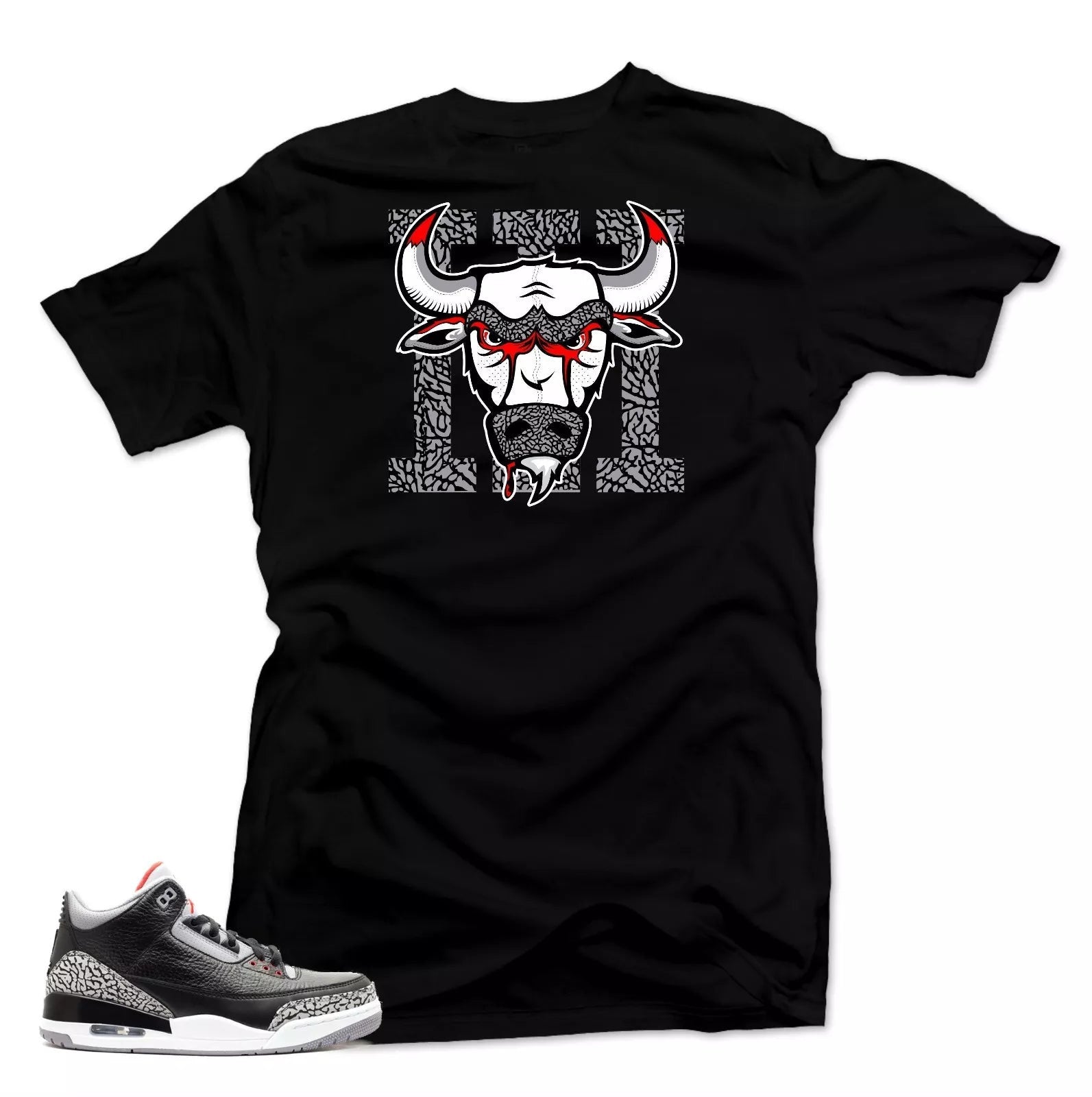 Shirt to Match Air Jordan 3 Black Cement Sneakers.Bull 3 Black Tee T-Shirt, Sneaker Match Tee