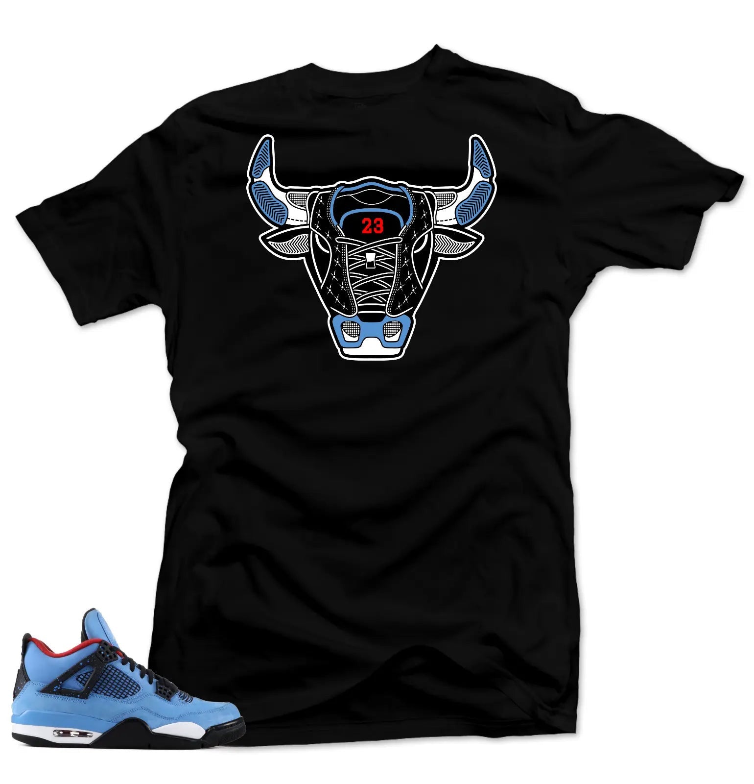 Shirt to Match Jordan 4 Cactus Jack Sneakers.Bull 4 Black Tee T-Shirt, Sneaker Match Tee
