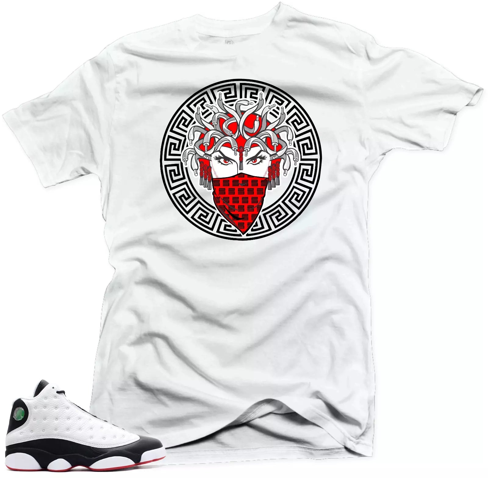Shirt to Match Jordan 13 He Got Game Sneakers. Medusa White Tee T-Shirt, Sneaker Match Tee