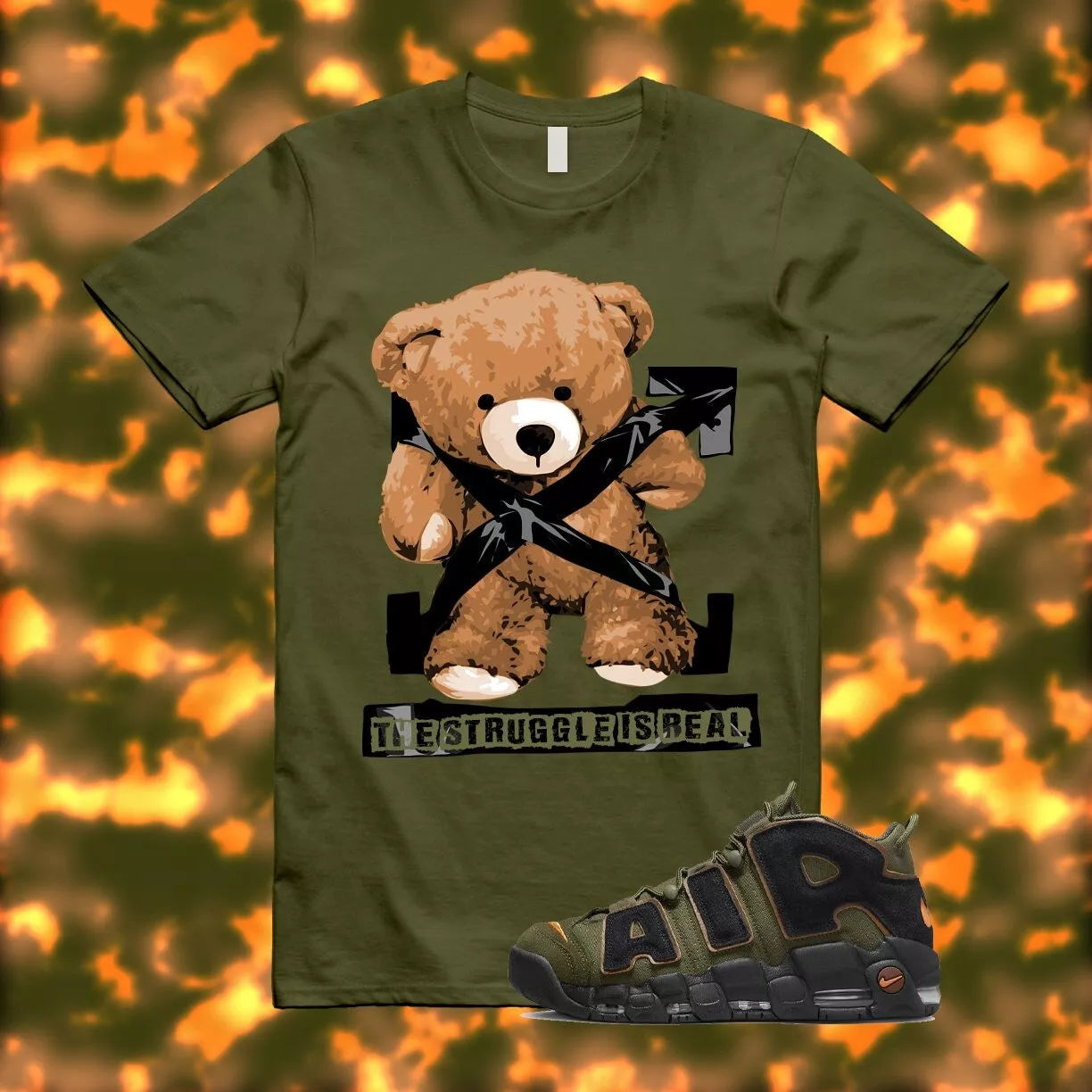 Olive The Struggle is Real T-Shirt for Air More Uptempo 1996 Cargo Khaki Pecan Alpha Orange Black T-Shirt, Sneaker Match Tee