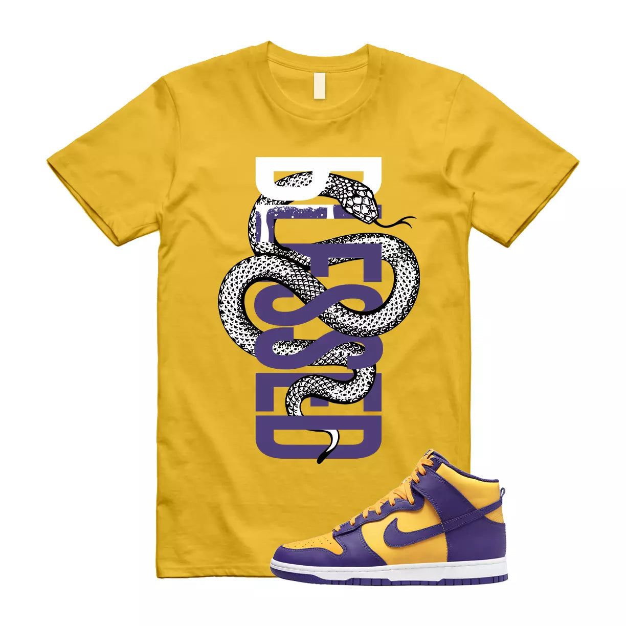 SNAKEBLS T Shirt to match Dunk High Purple Yellow Court Gold Home Away 95 Lebron T-Shirt, Sneaker Match Tee