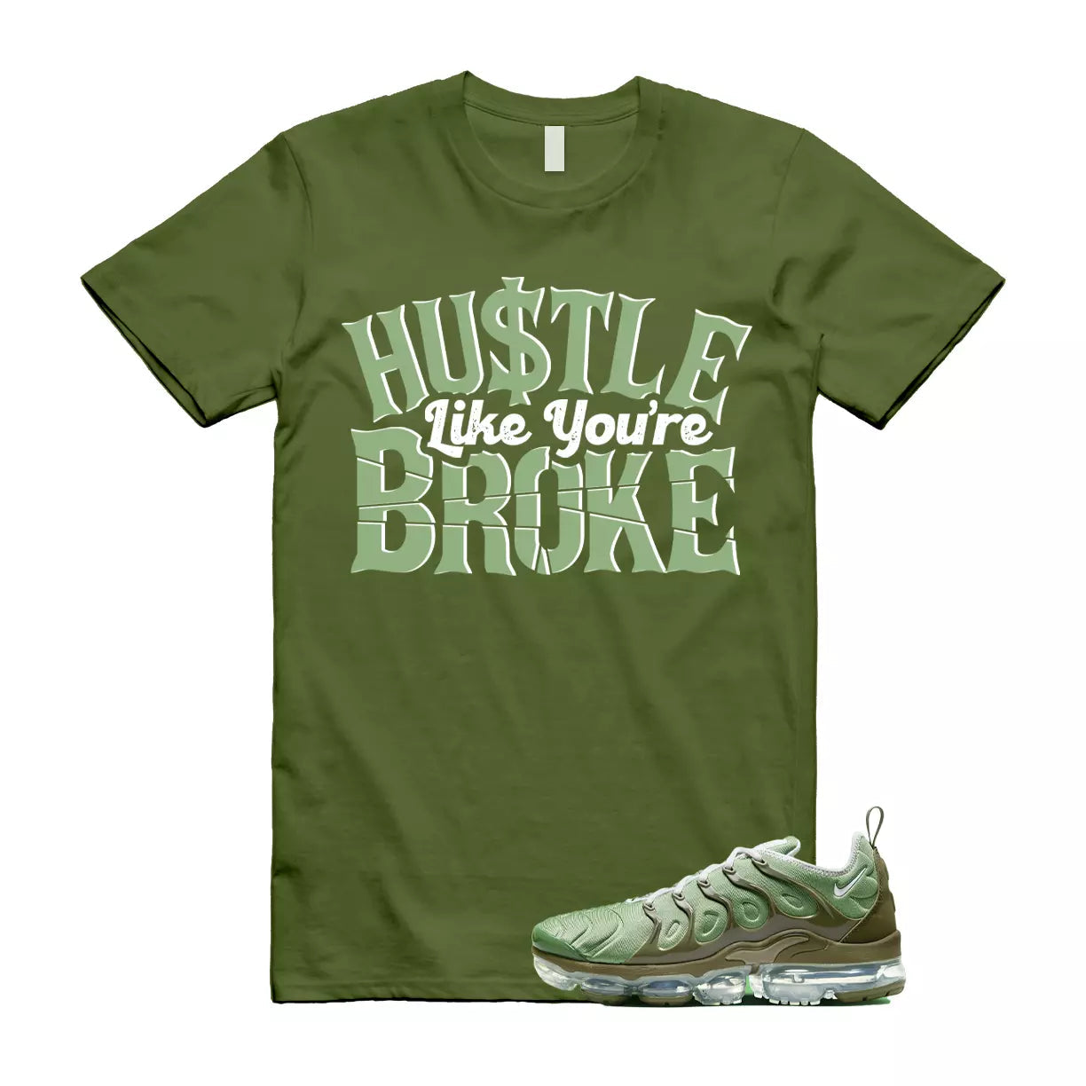 BROKE T Shirt to match Air VaporMax Plus Olive Green Cargo Khaki Rough Dunk T-Shirt, Sneaker Match Tee