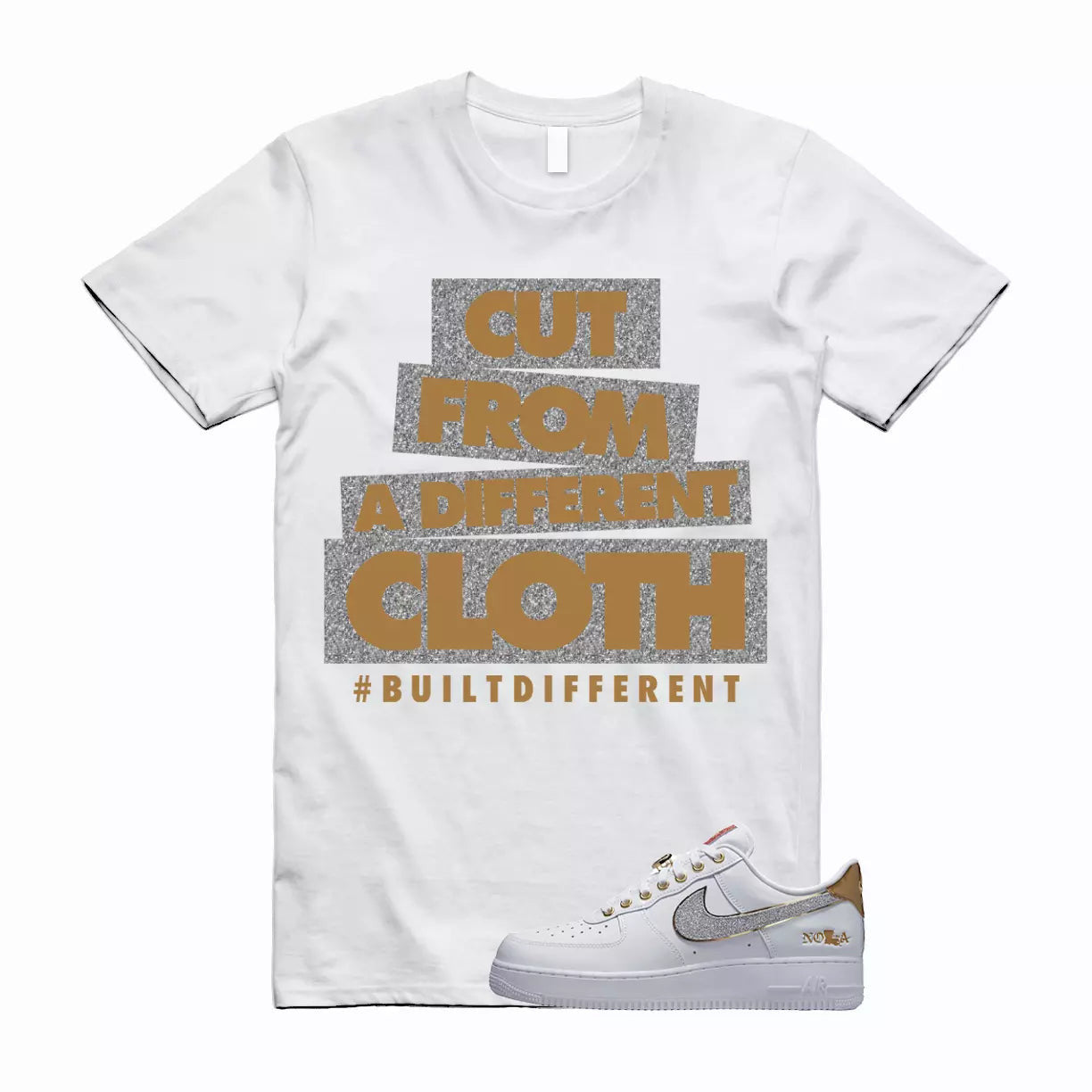 CLOTH Shirt to match Air Force1 Low NOLA Silver Glitter Metallic Gold University T-Shirt, Sneaker Match Tee