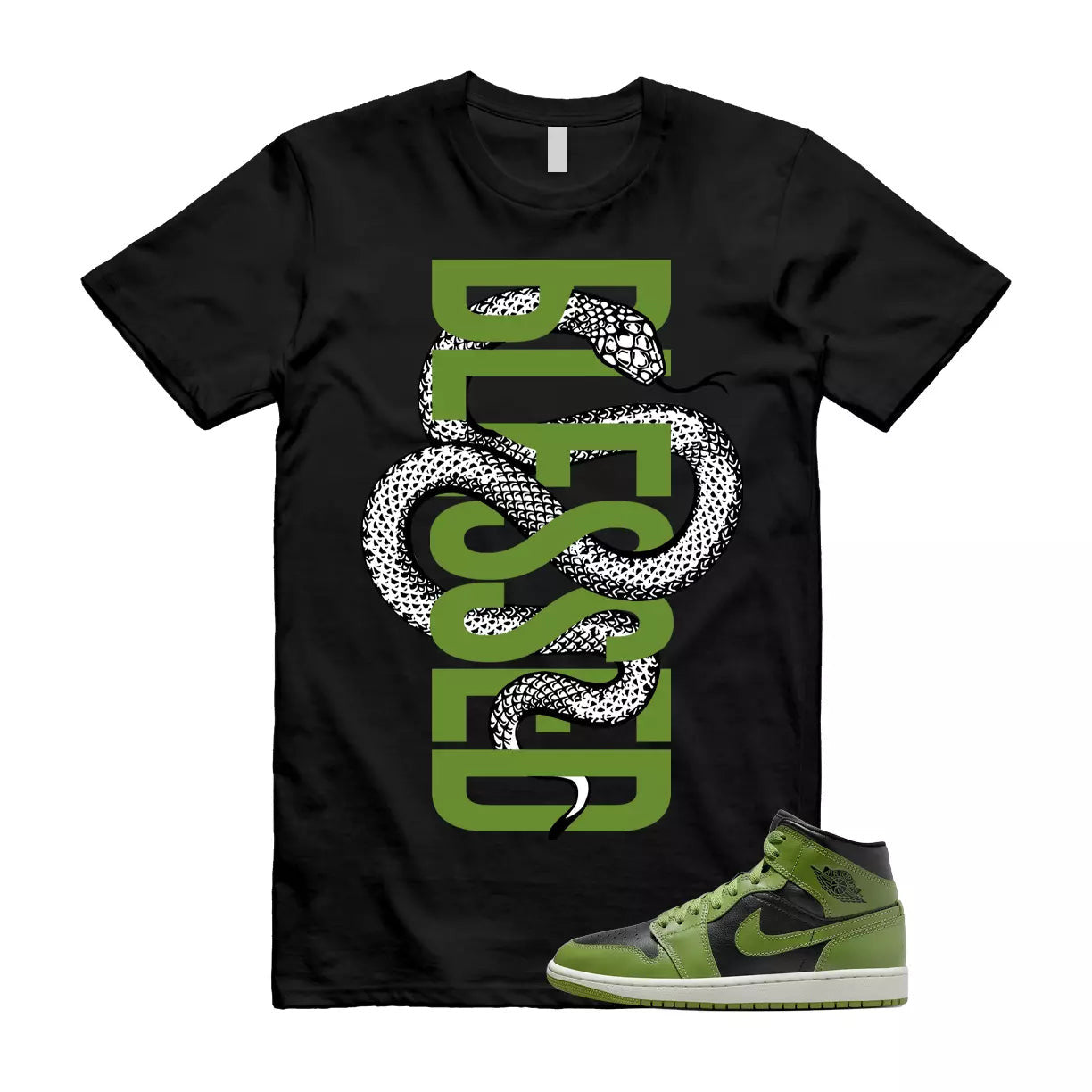 SNAKE Shirt to match Jordan 1 Mid Altitude Green Heather Sail Mean Electric T-Shirt, Sneaker Match Tee