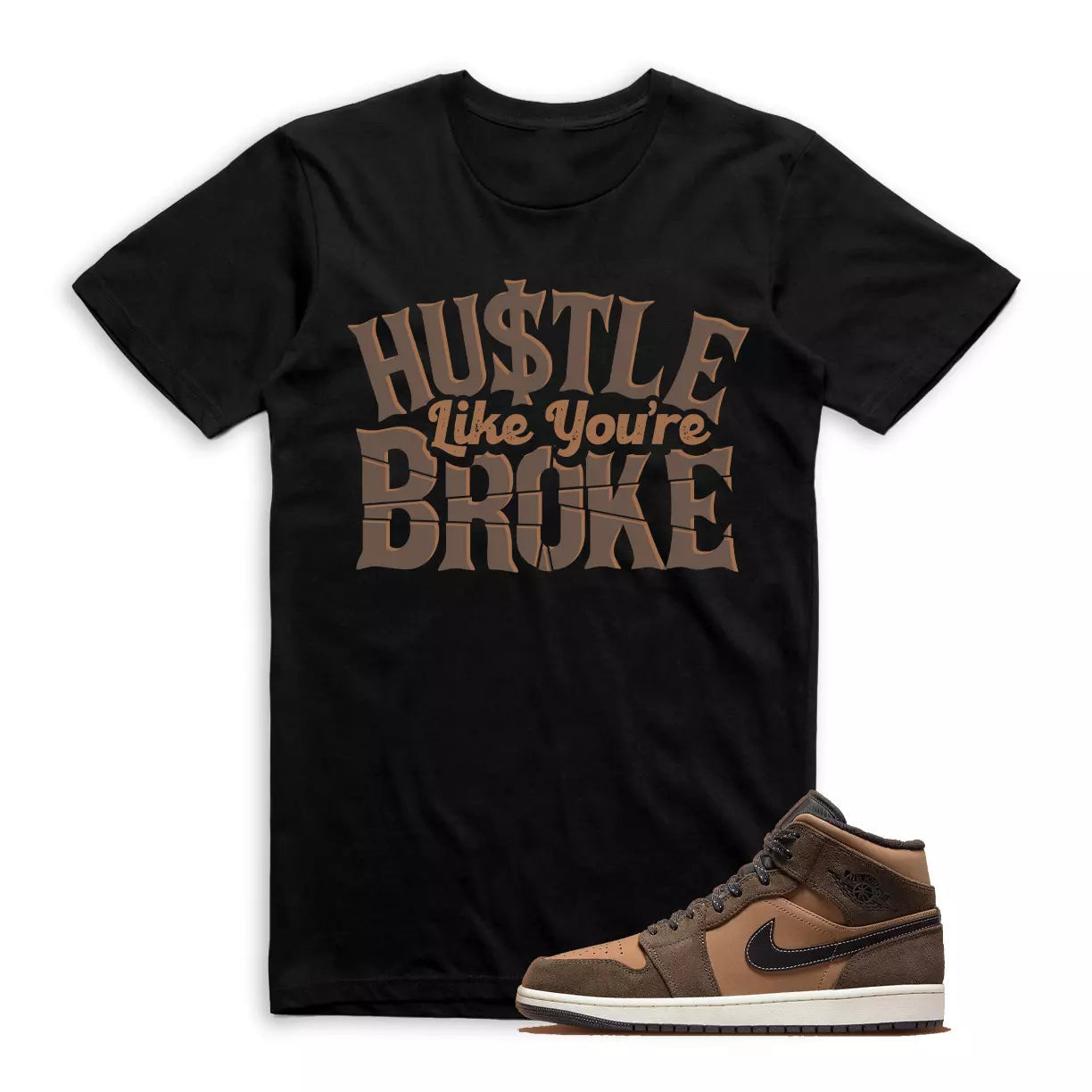 BROKE Shirt to match Jordan 1 Mid SE Dark Chocolate Archaeo Brown Crimson Bliss T-Shirt, Sneaker Match Tee
