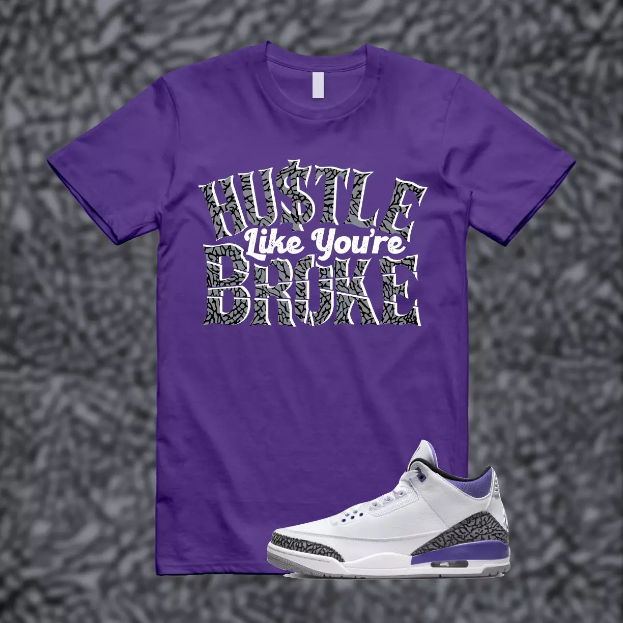 BROKE Shirt match Jordan 3 Iris Cement Grey Elephant Varsity Court Purple T-Shirt, Sneaker Match Tee