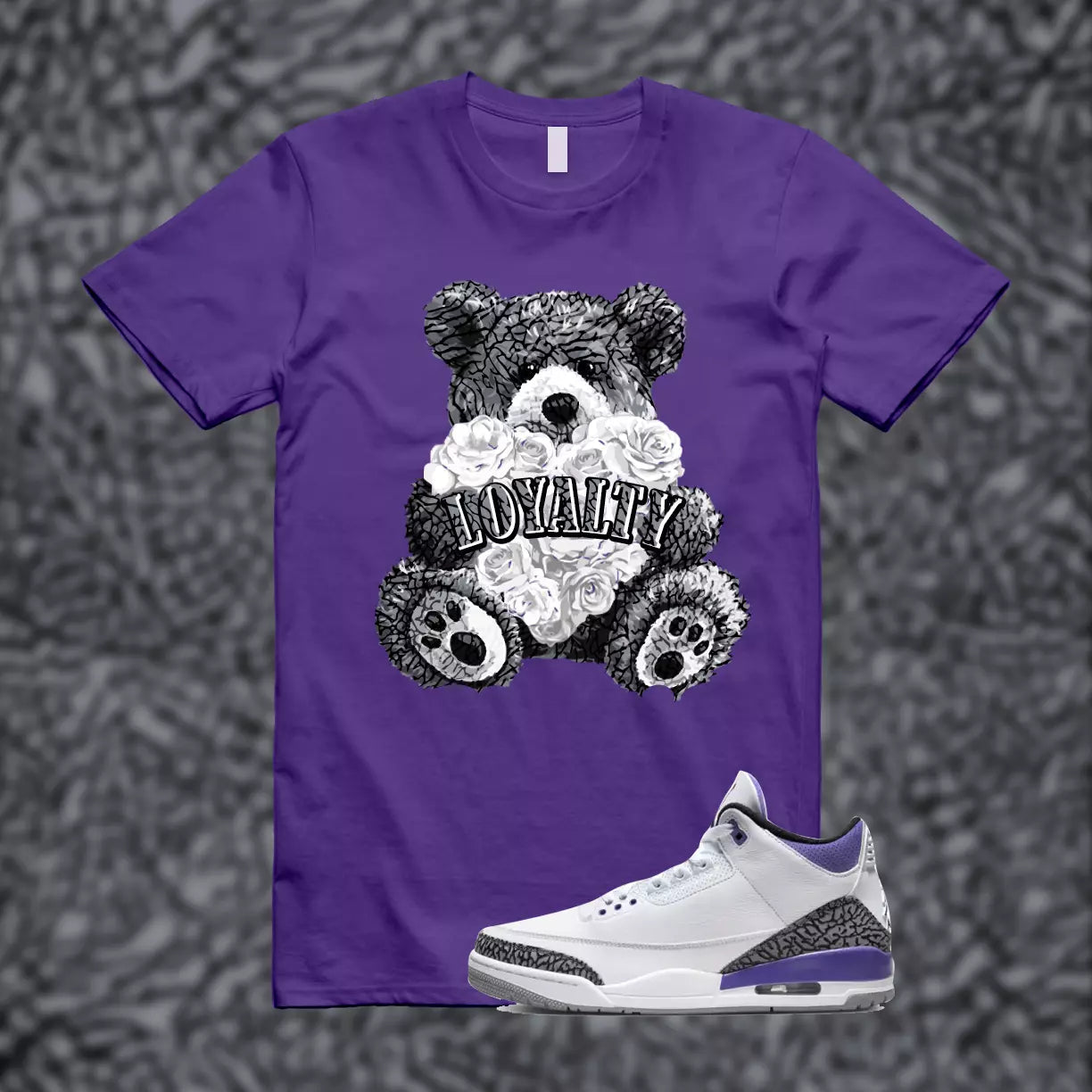 LYLTY Shirt match Jordan 3 Dark Iris Cement Grey Elephant Varsity Court Purple T-Shirt, Sneaker Match Tee